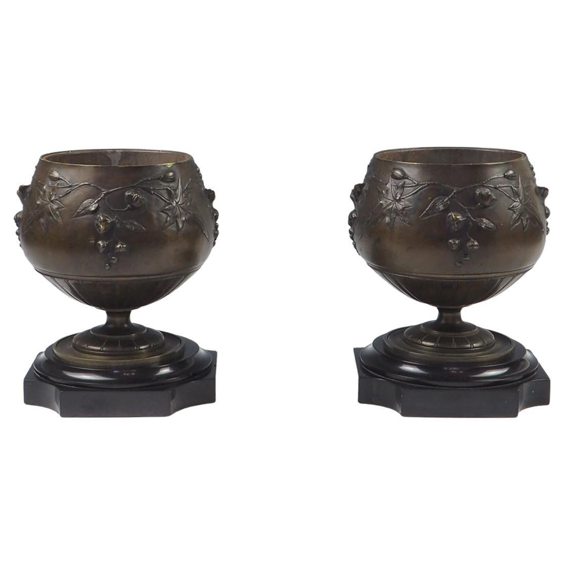 Pair of 19th Century Bronze and Marble Table Top Planters / Urns For Sale