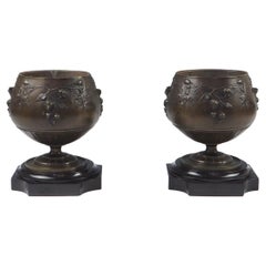 Antique Pair of 19th Century Bronze and Marble Table Top Planters / Urns