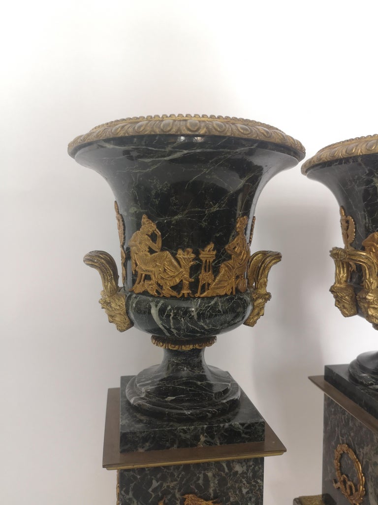 Pair of 19th Century French Bronze And Gilt Marble Urns For Sale at 1stDibs