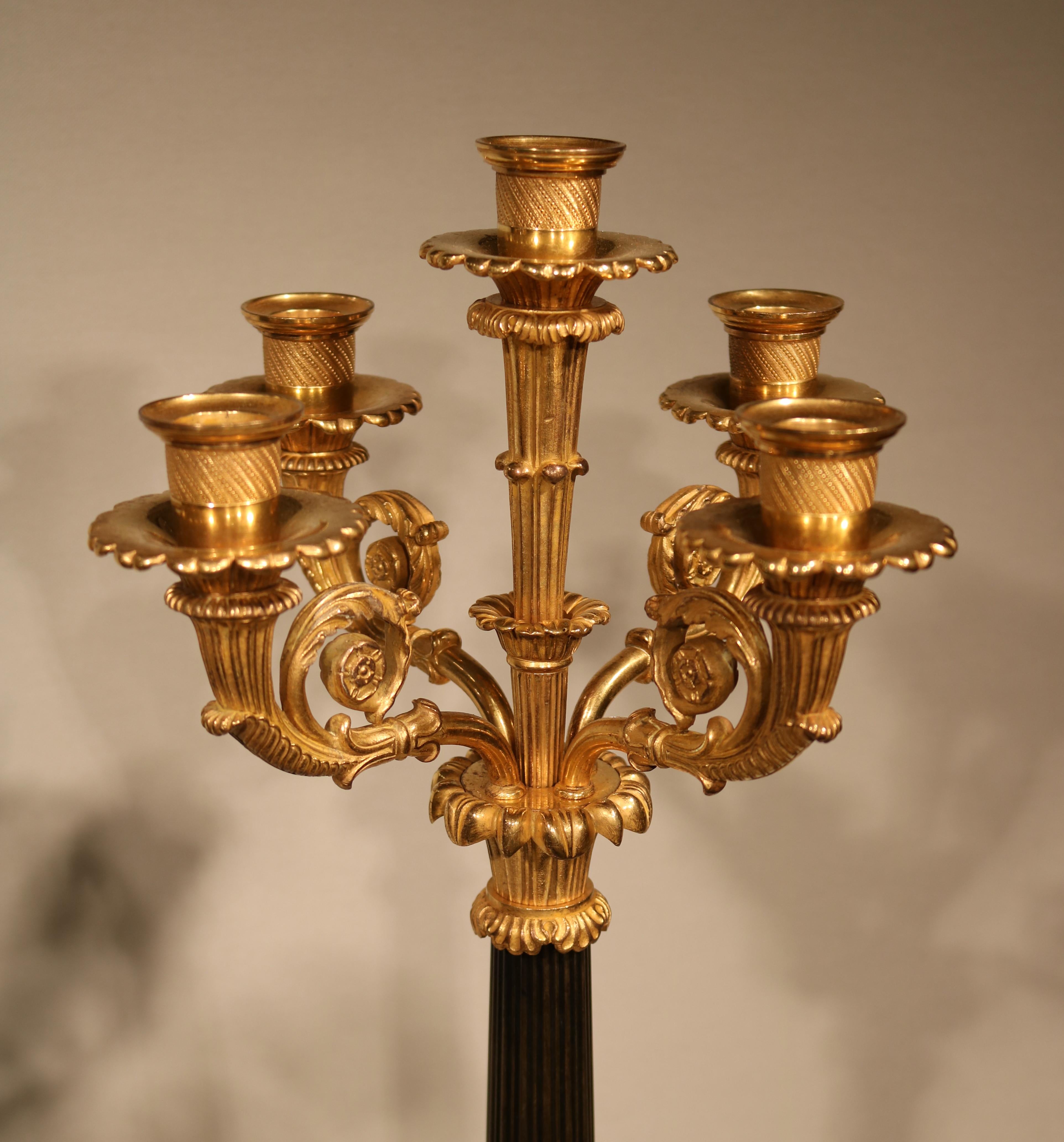 Ein beeindruckendes Paar 5-flammiger Kandelaber aus Bronze und Ormolu aus dem frühen 19. Jahrhundert mit gedrechselten Düsen, die auf Blattrollenarmen stehen, die auf geriffelten, sich verjüngenden Stielen mit Akanthusverzierungen ruhen und auf