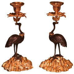 Pair of 19th Century Bronze and Ormolu Candlesticks with Crowned Stork Stems