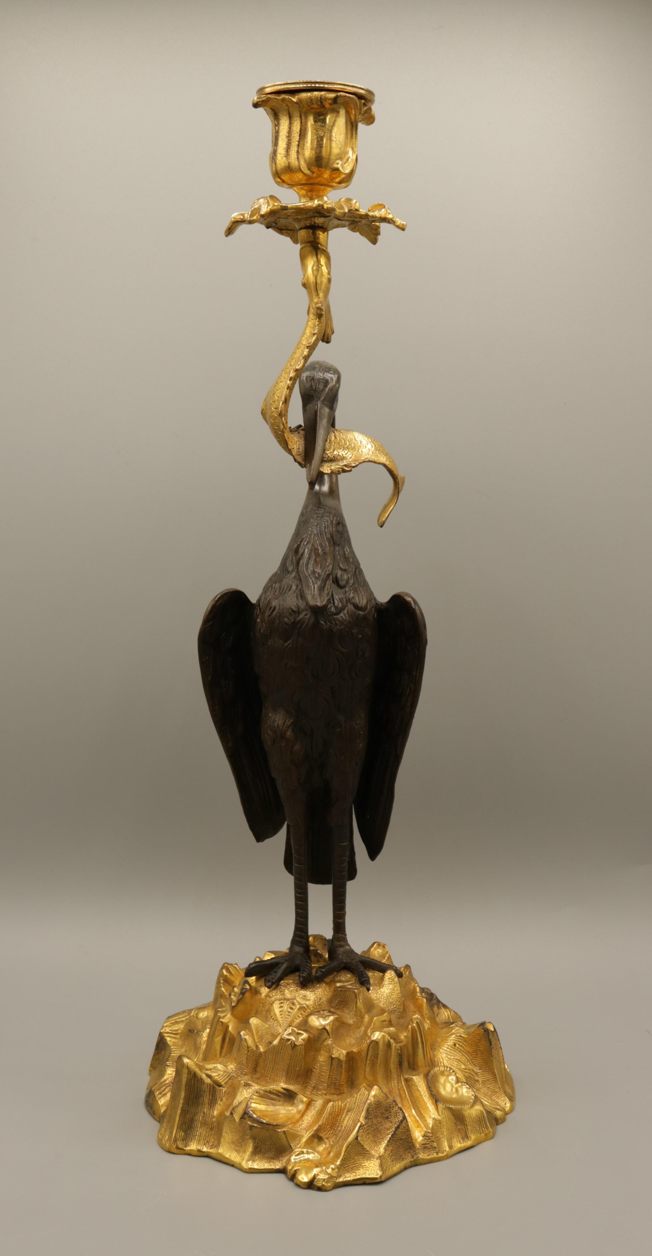 English Pair of 19th Century Bronze and Ormolu 'Heron' Candlesticks