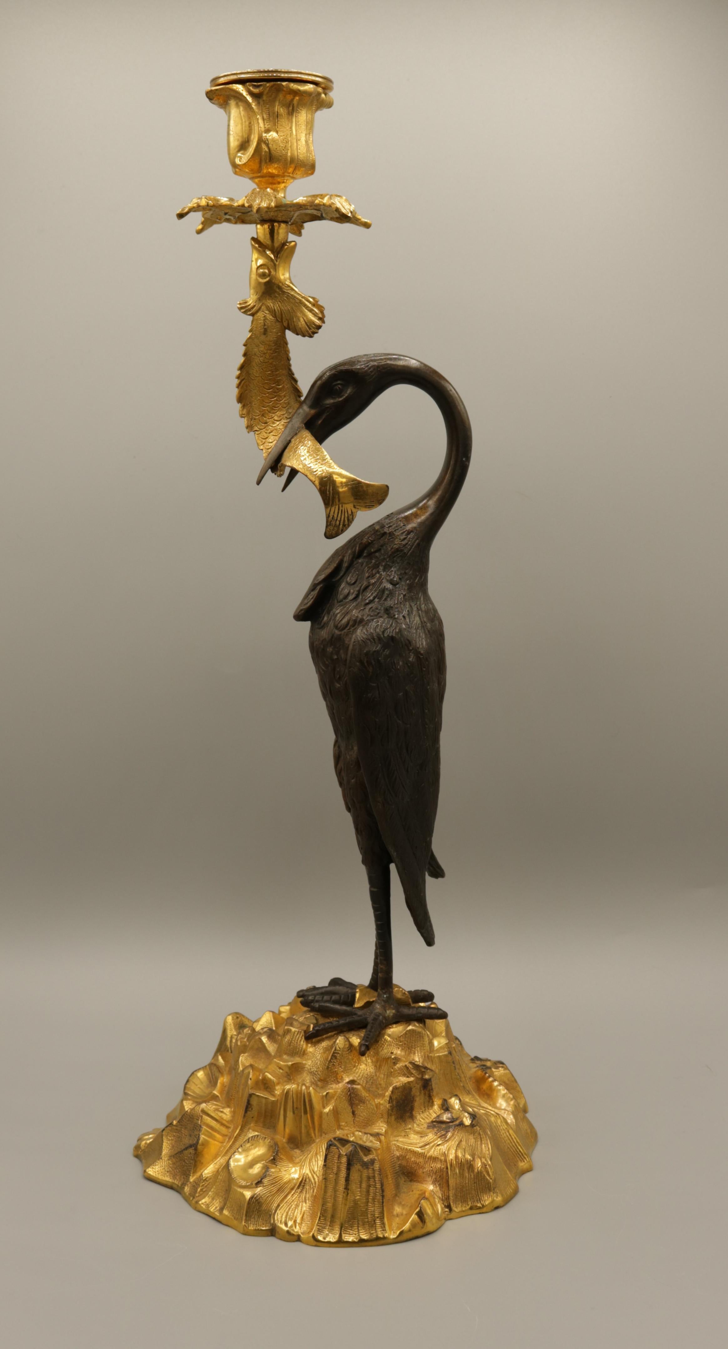 Pair of 19th Century Bronze and Ormolu 'Heron' Candlesticks In Good Condition In London, GB