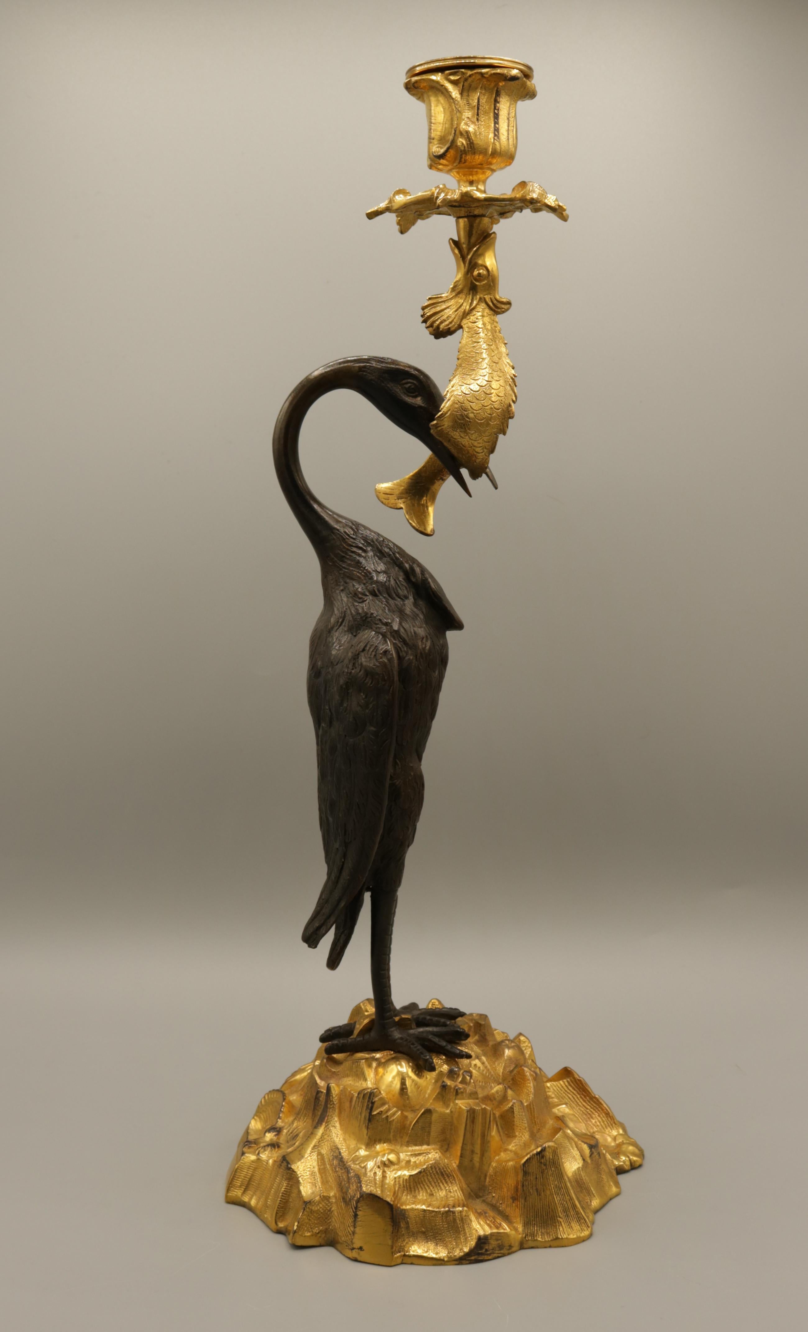 Pair of 19th Century Bronze and Ormolu 'Heron' Candlesticks 2