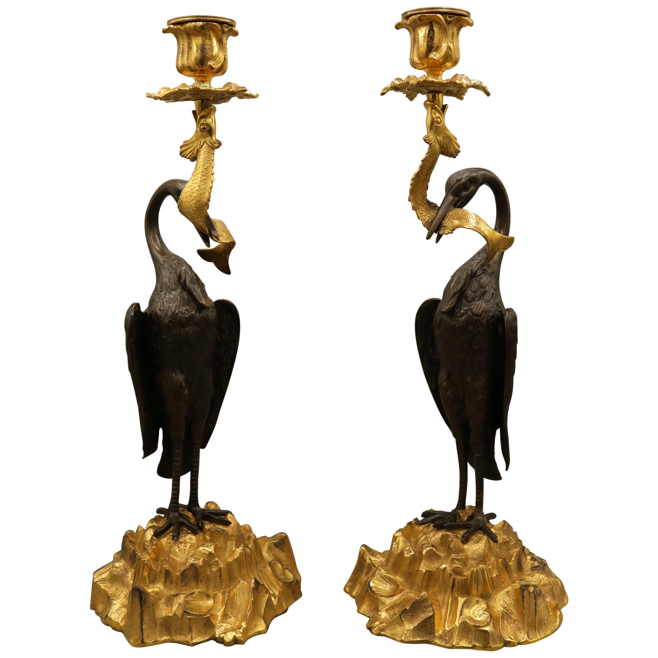 Pair of 19th Century Bronze and Ormolu 'Heron' Candlesticks