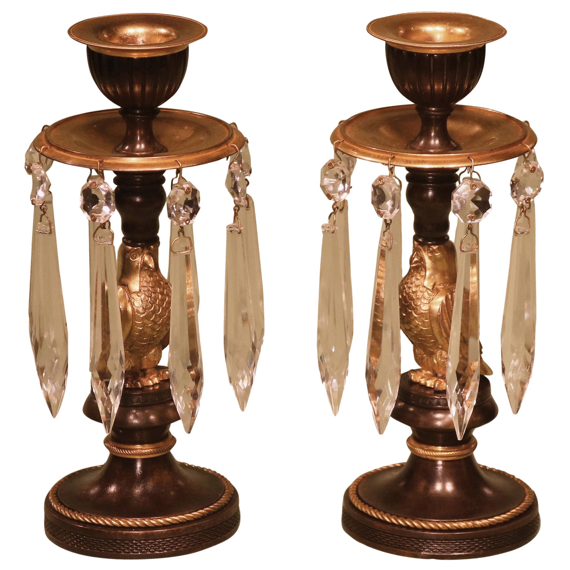Pair of 19th Century Bronze and Ormolu Lustre 
Horus
 Candlesticks