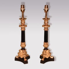 Pair of 19th Century Bronze and Ormolu Triform Candlestick Lamps