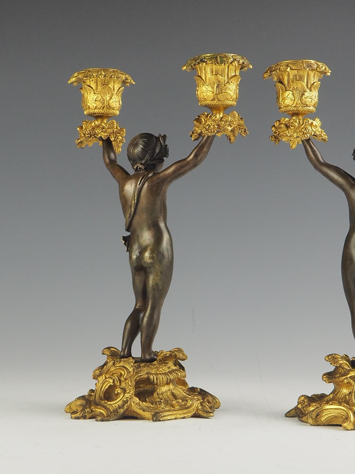 Pair of 19th Century Bronze and Ormolu Twin-Light Cherub Candelabra For Sale 9