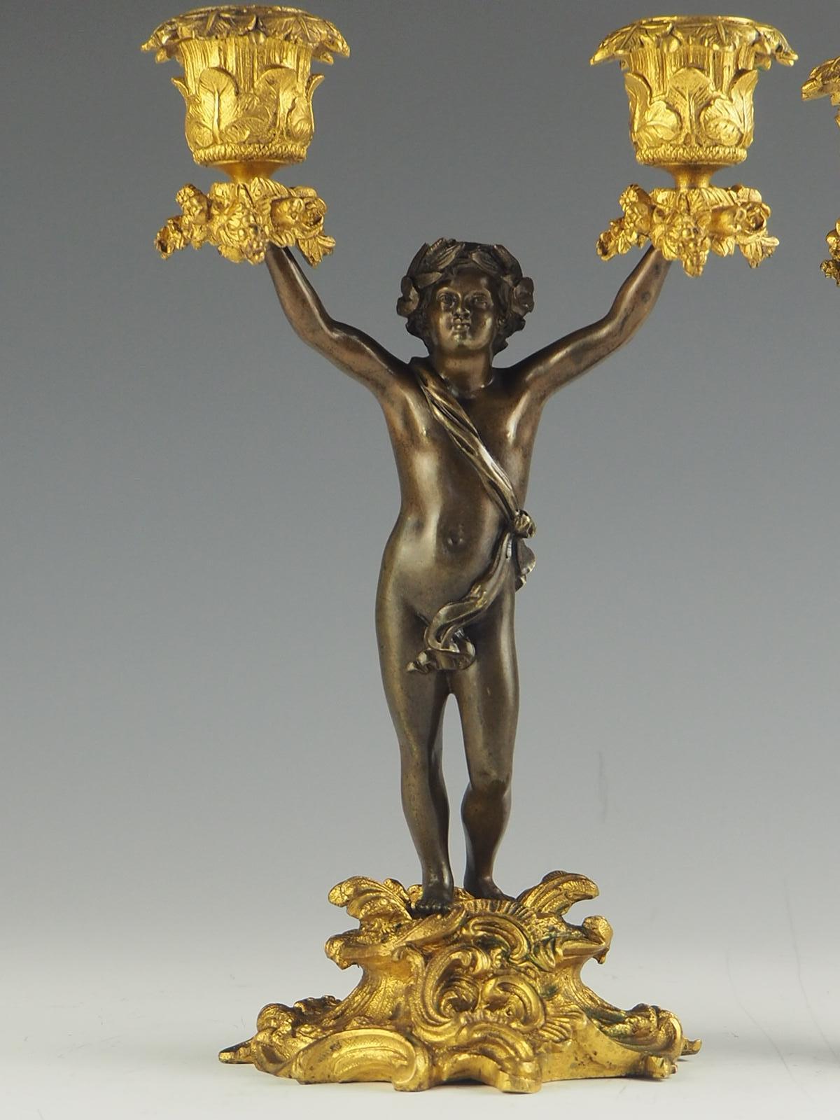 French Pair of 19th Century Bronze and Ormolu Twin-Light Cherub Candelabra For Sale