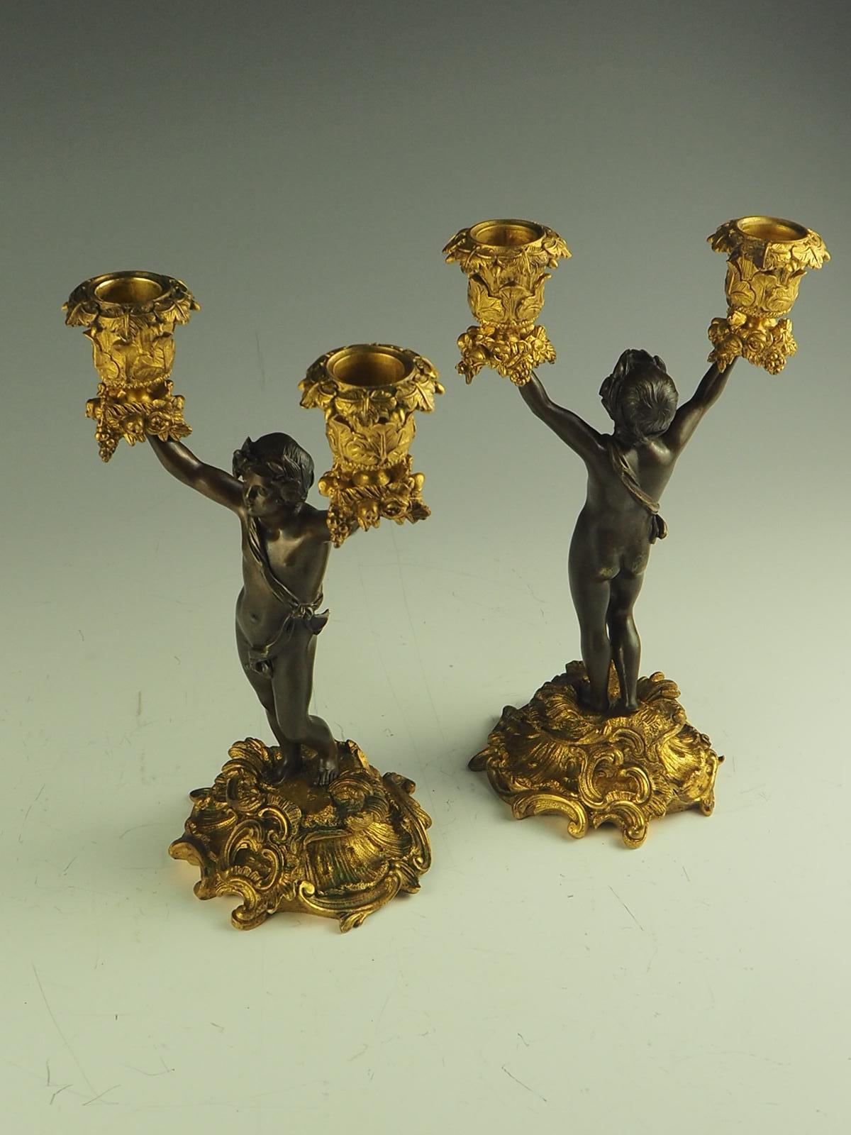 Pair of 19th Century Bronze and Ormolu Twin-Light Cherub Candelabra For Sale 4
