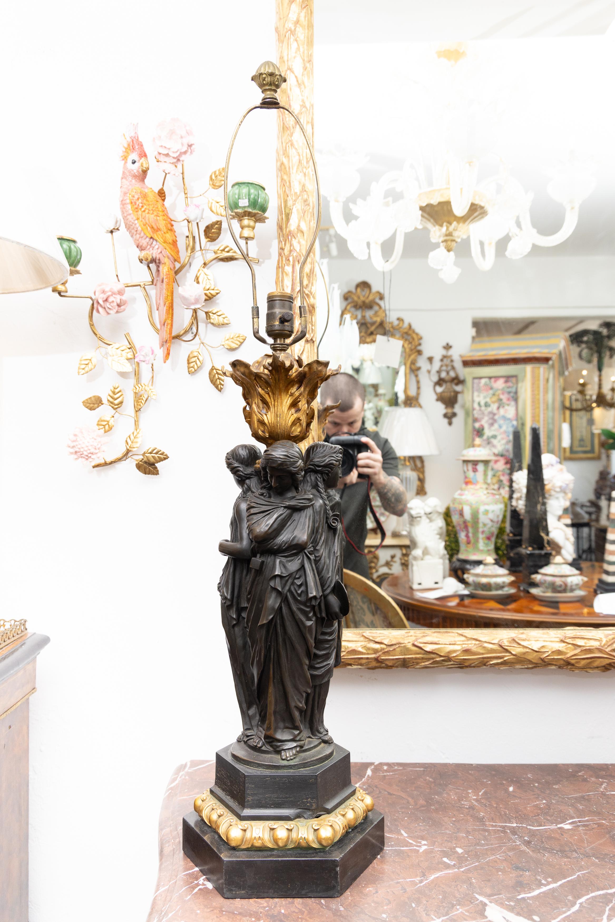 Classical Greek Pair of 19th C. Bronze and Parcel Gilt Sculptures of the 3 Graces Electrified For Sale