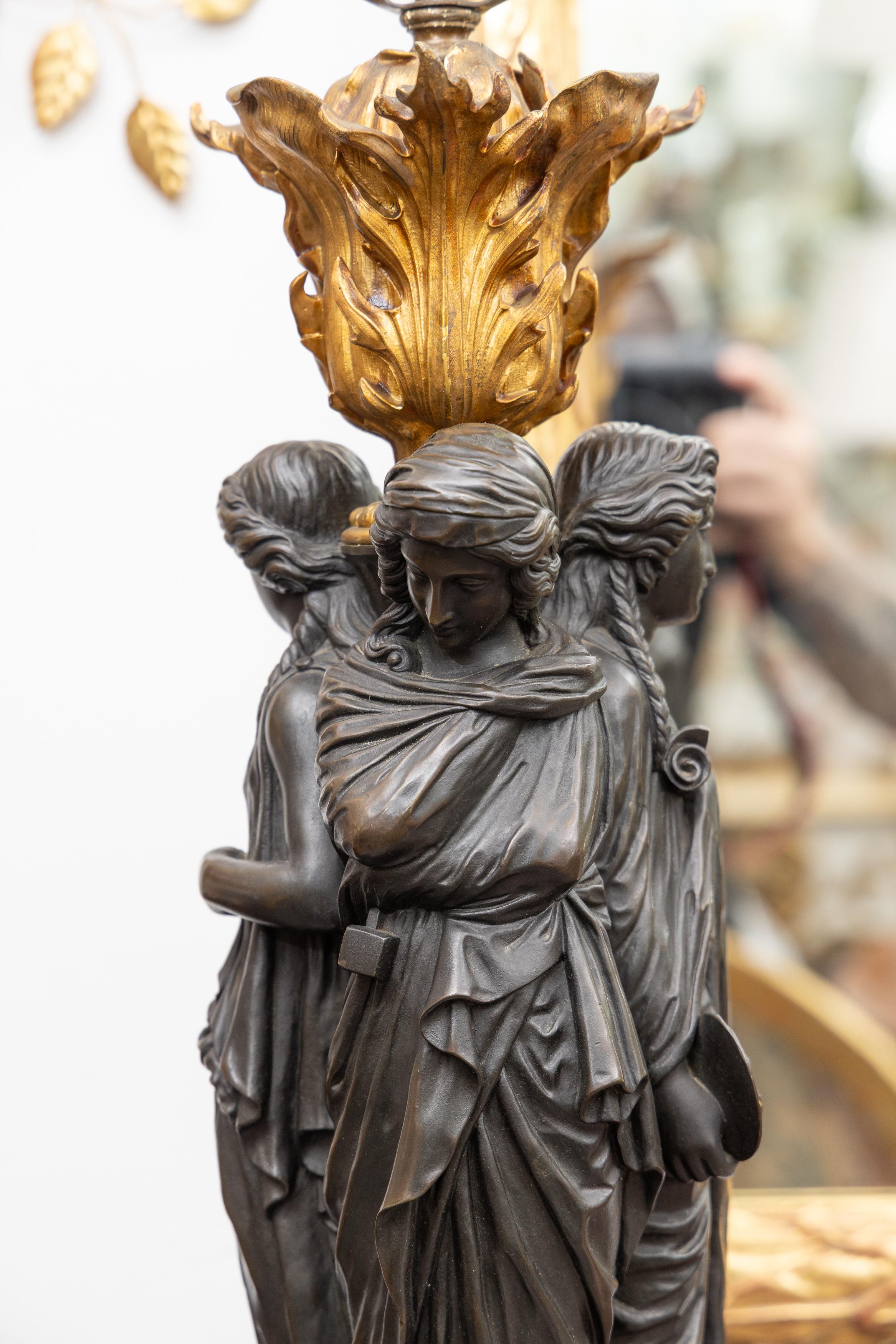 French Pair of 19th C. Bronze and Parcel Gilt Sculptures of the 3 Graces Electrified For Sale
