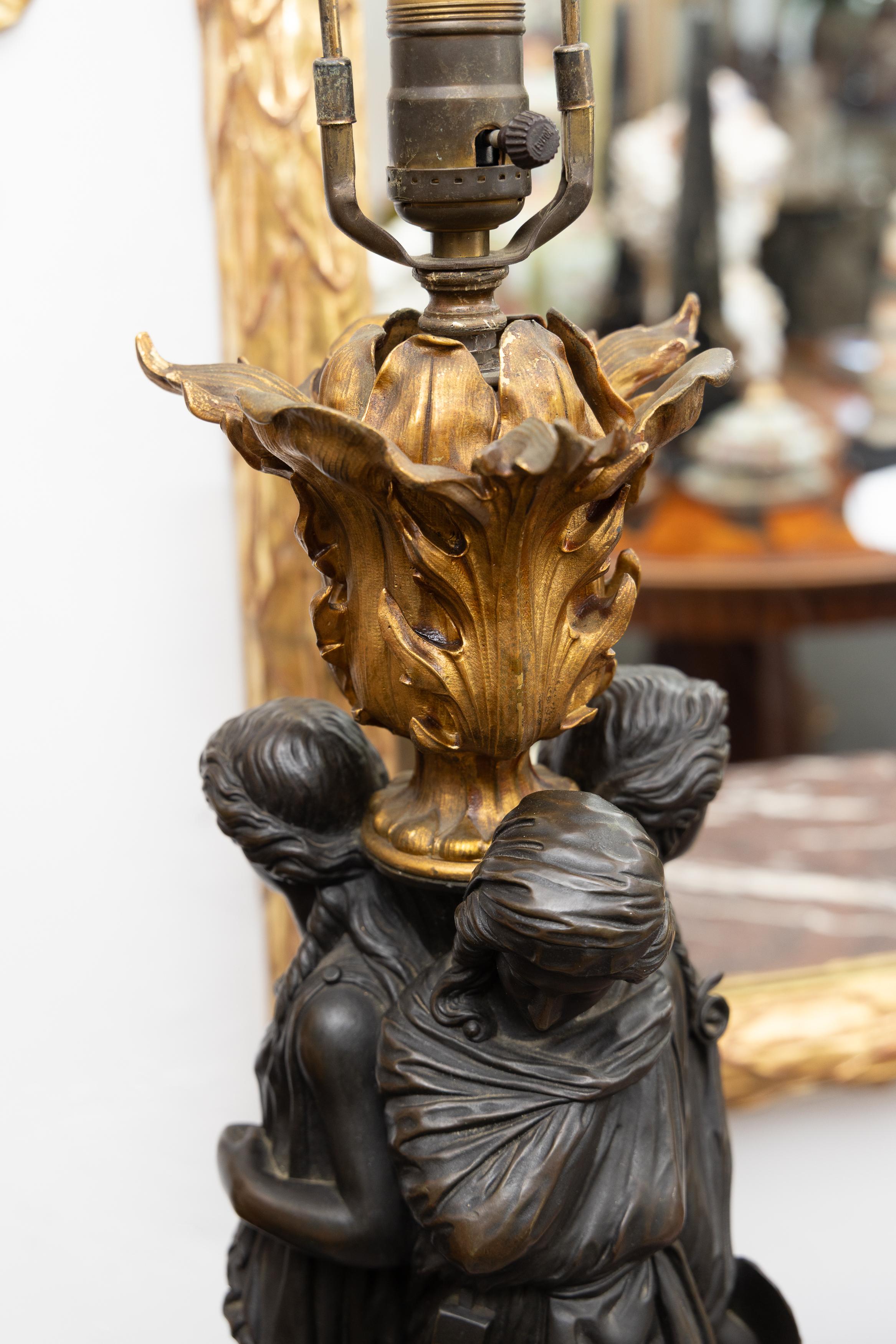 19th Century Pair of 19th C. Bronze and Parcel Gilt Sculptures of the 3 Graces Electrified For Sale