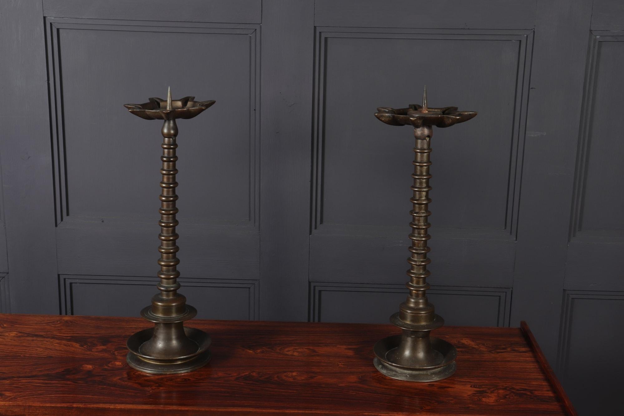 French Pair of 19th Century Bronze Bobbin Candlesticks For Sale