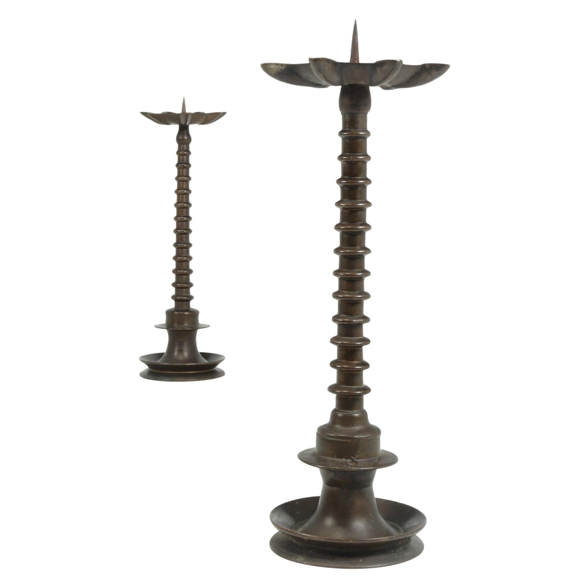 Pair of 19th Century Bronze Bobbin Candlesticks For Sale