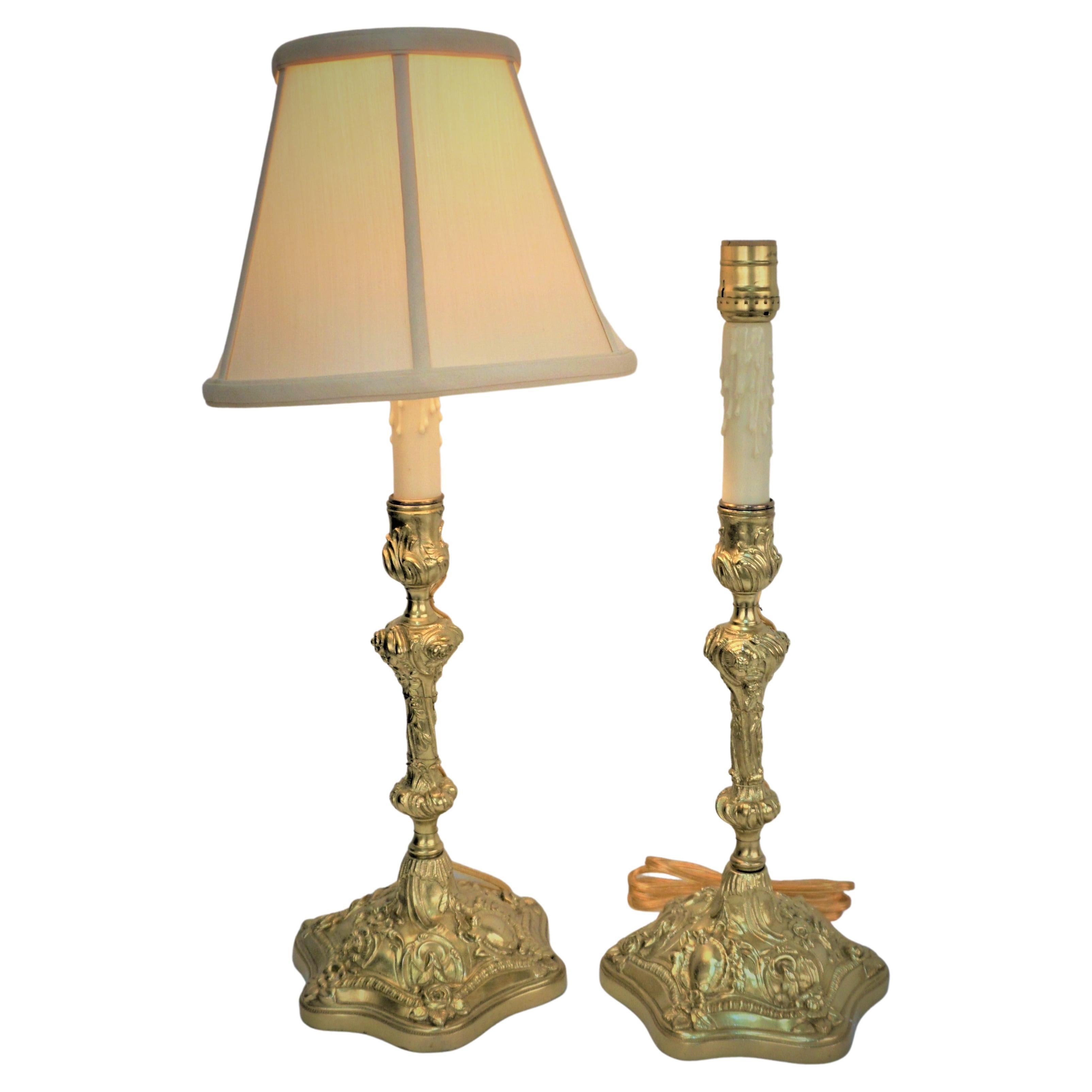 Pair of 19th Century Bronze Candlestick Table Lamps For Sale