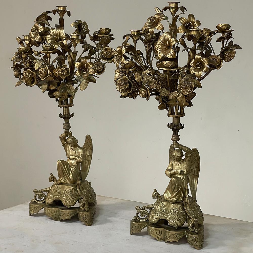 Hand-Crafted Pair of 19th Century Bronze Candlesticks with Angels, Napoleon III Period For Sale