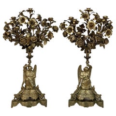 Antique Pair of 19th Century Bronze Candlesticks with Angels, Napoleon III Period