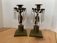 Pair of 19th Century Bronze and Crystal Figural Candlesticks