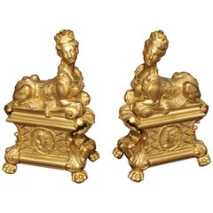 Pair of 19th Century Bronze Doré Sphinx Chenets from France