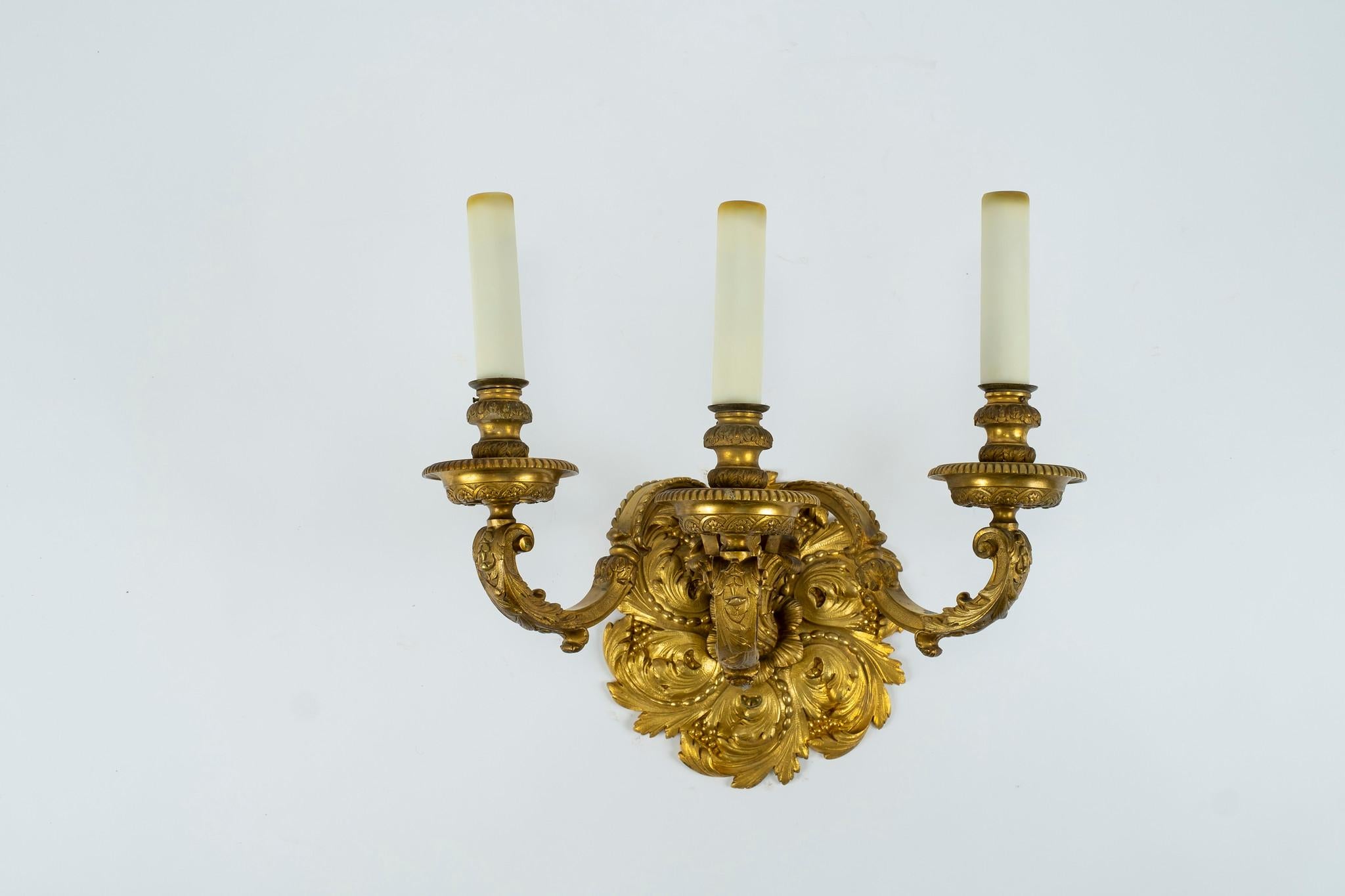 Neoclassical Pair of 19th Century Bronze Doré Three-Arm Sconces For Sale