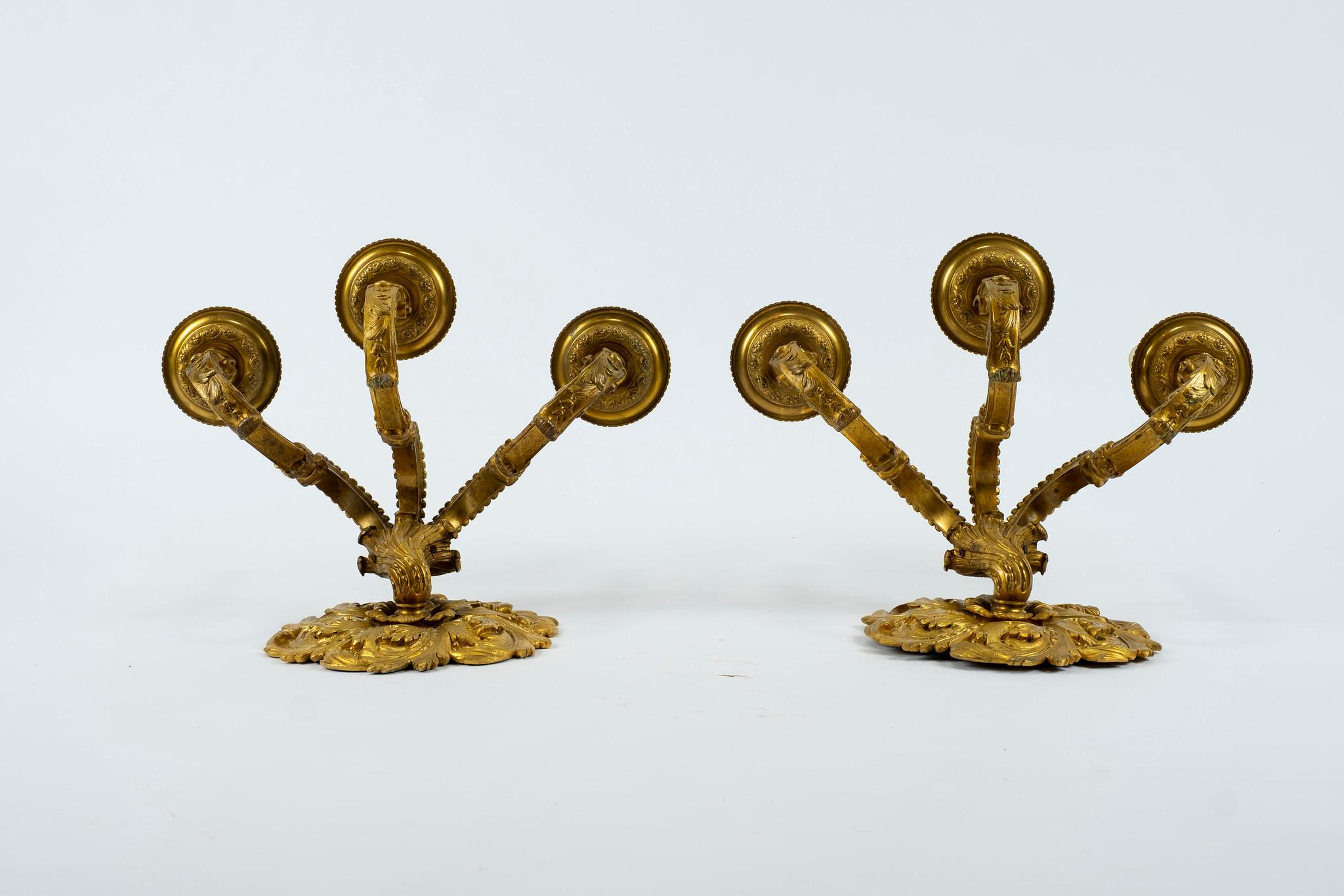 French Pair of 19th Century Bronze Doré Three-Arm Sconces For Sale
