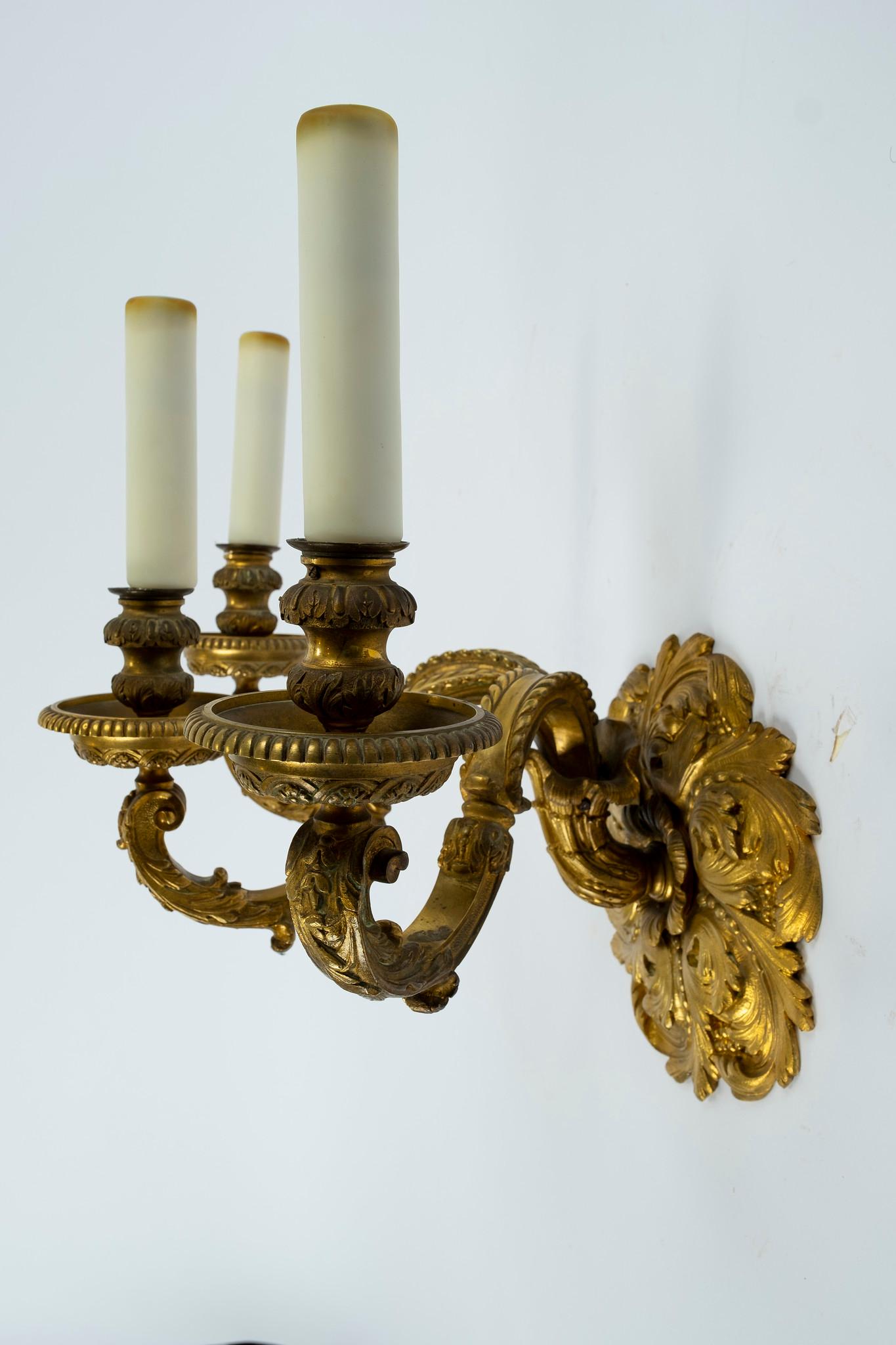 Pair of 19th Century Bronze Doré Three-Arm Sconces In Good Condition For Sale In Houston, TX
