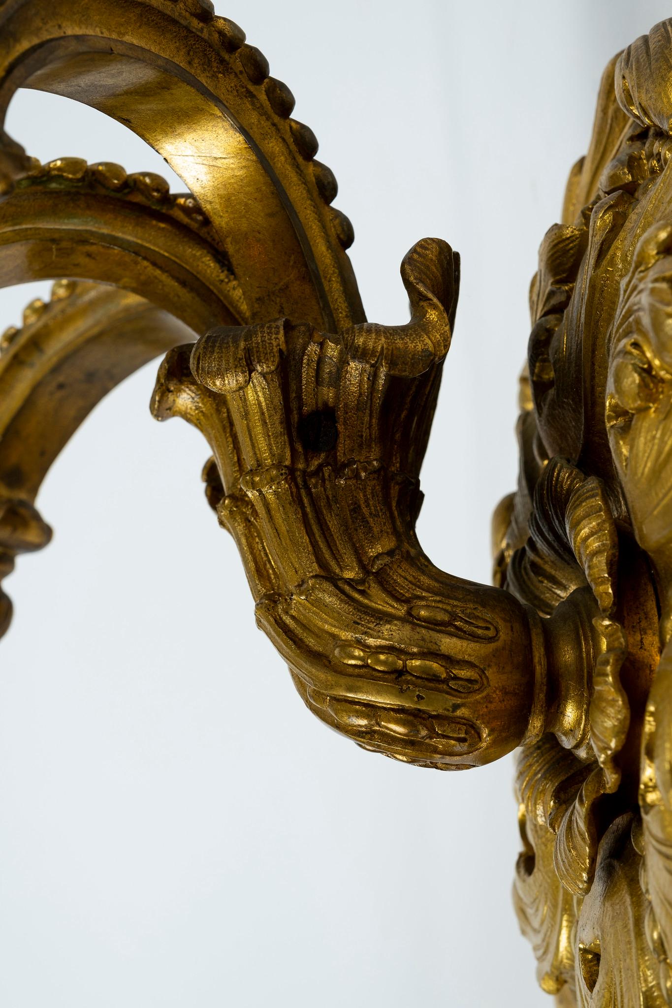 Pair of 19th Century Bronze Doré Three-Arm Sconces For Sale 2