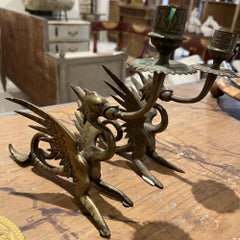 Pair of 19th Century Bronze Dragon Candleholders
