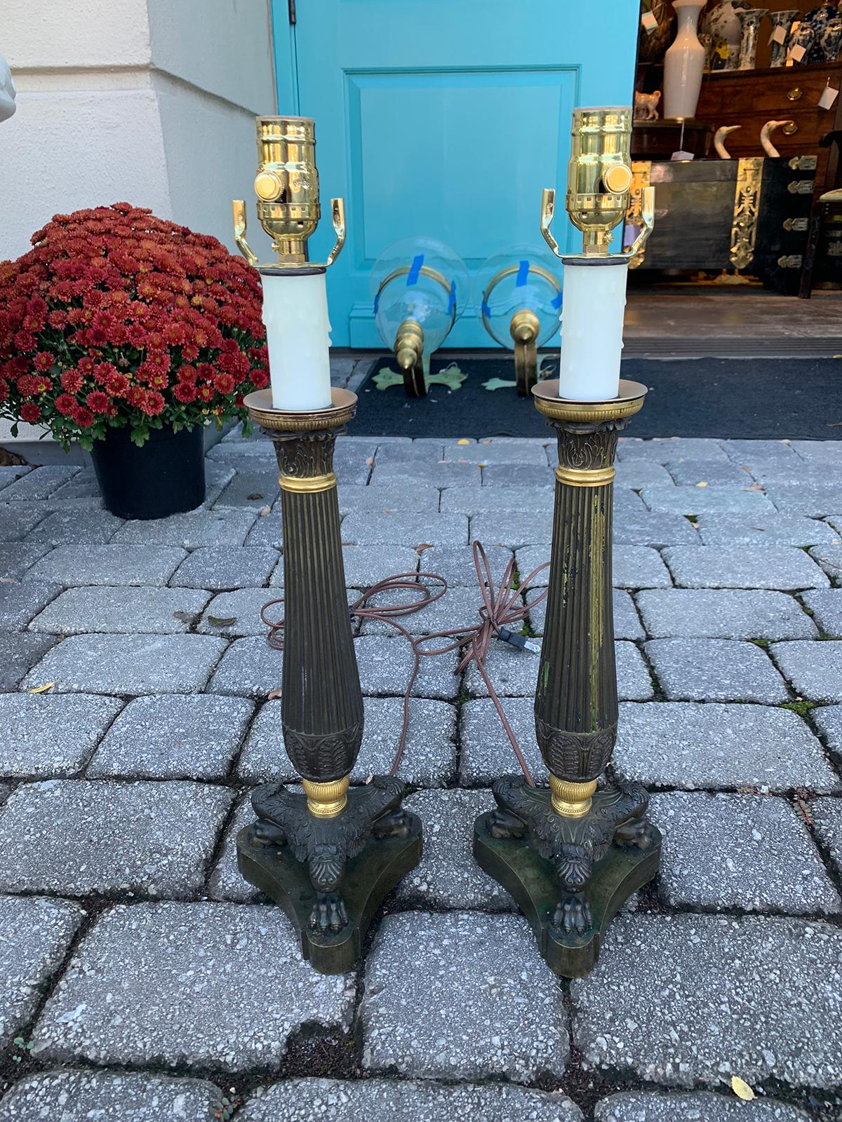 Pair of 19th century bronze Empire candelabras as lamps, Provenance Nehwal.
Brand new wiring.