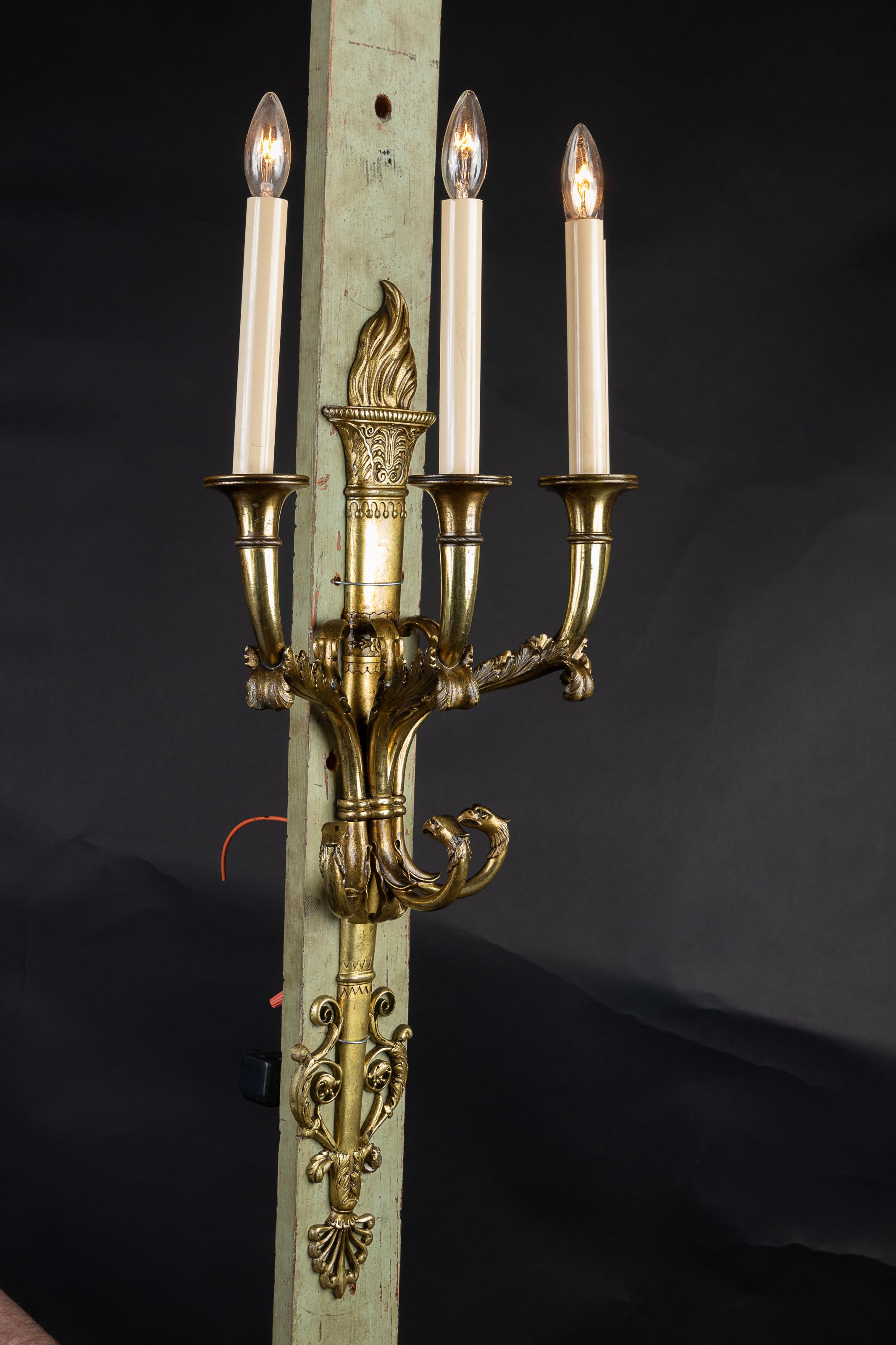 Pair of 19th Century Bronze Empire Sconces with Torch and Eagle Heads For Sale 1