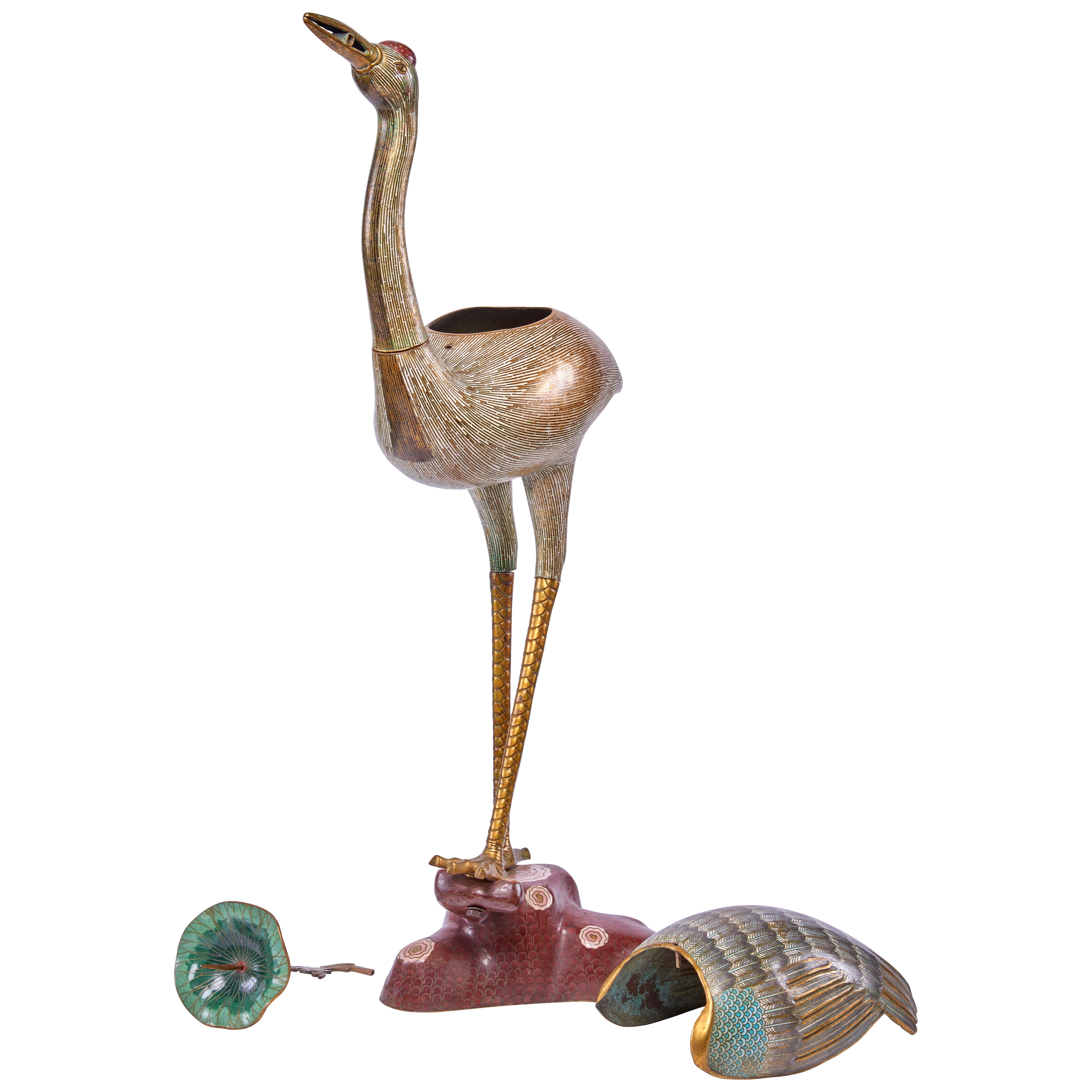 Japonisme Pair of 19th Century Bronze Enamel Cloisonné Crane Candlesticks For Sale