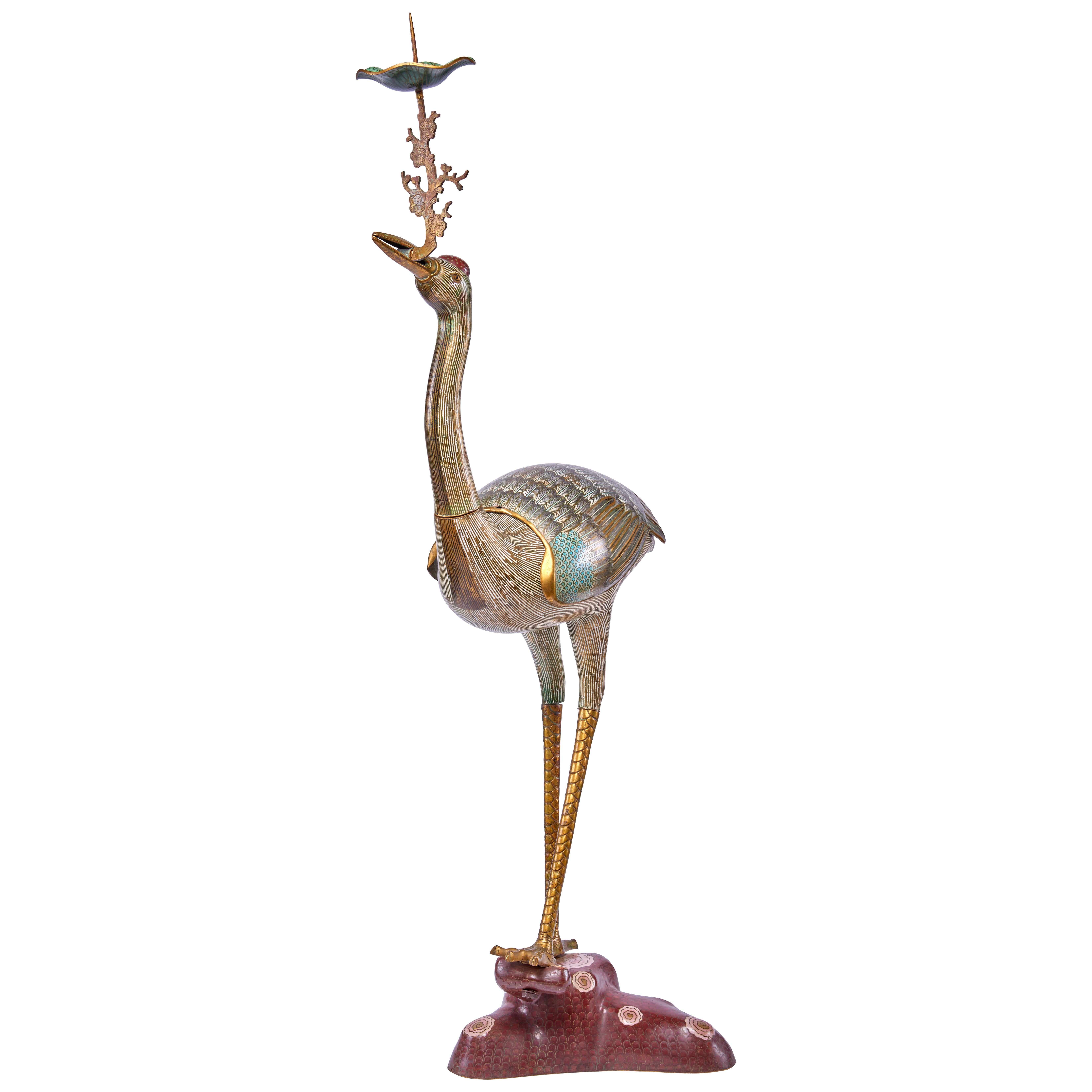 Pair of 19th Century Bronze Enamel Cloisonné Crane Candlesticks For Sale