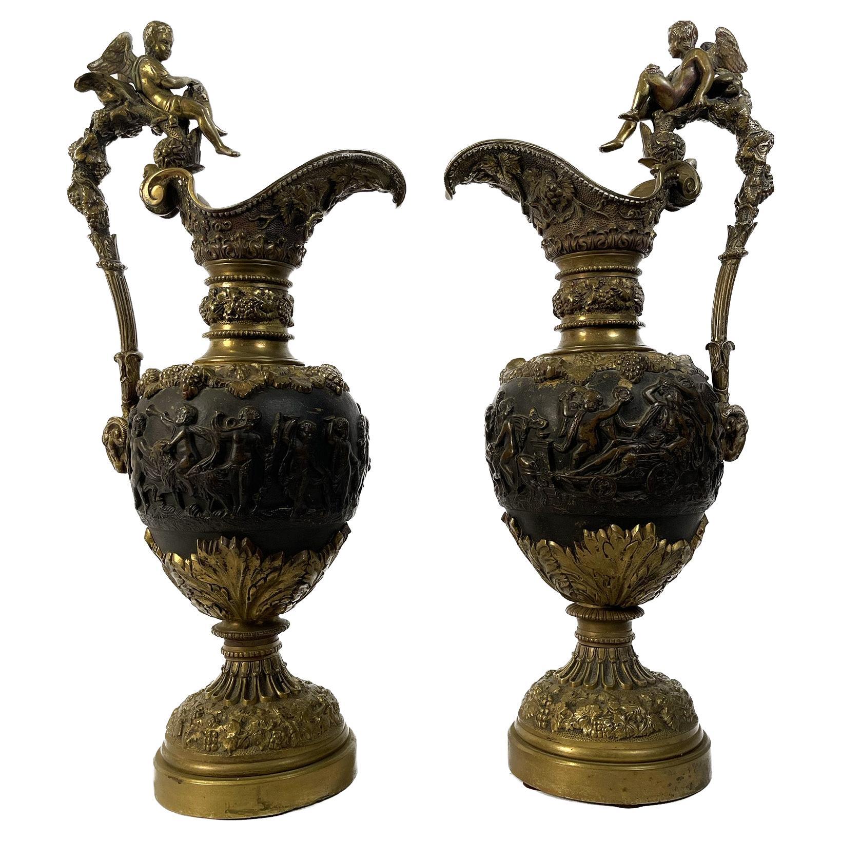 Pair of 19th Century Bronze Figural Ewers For Sale