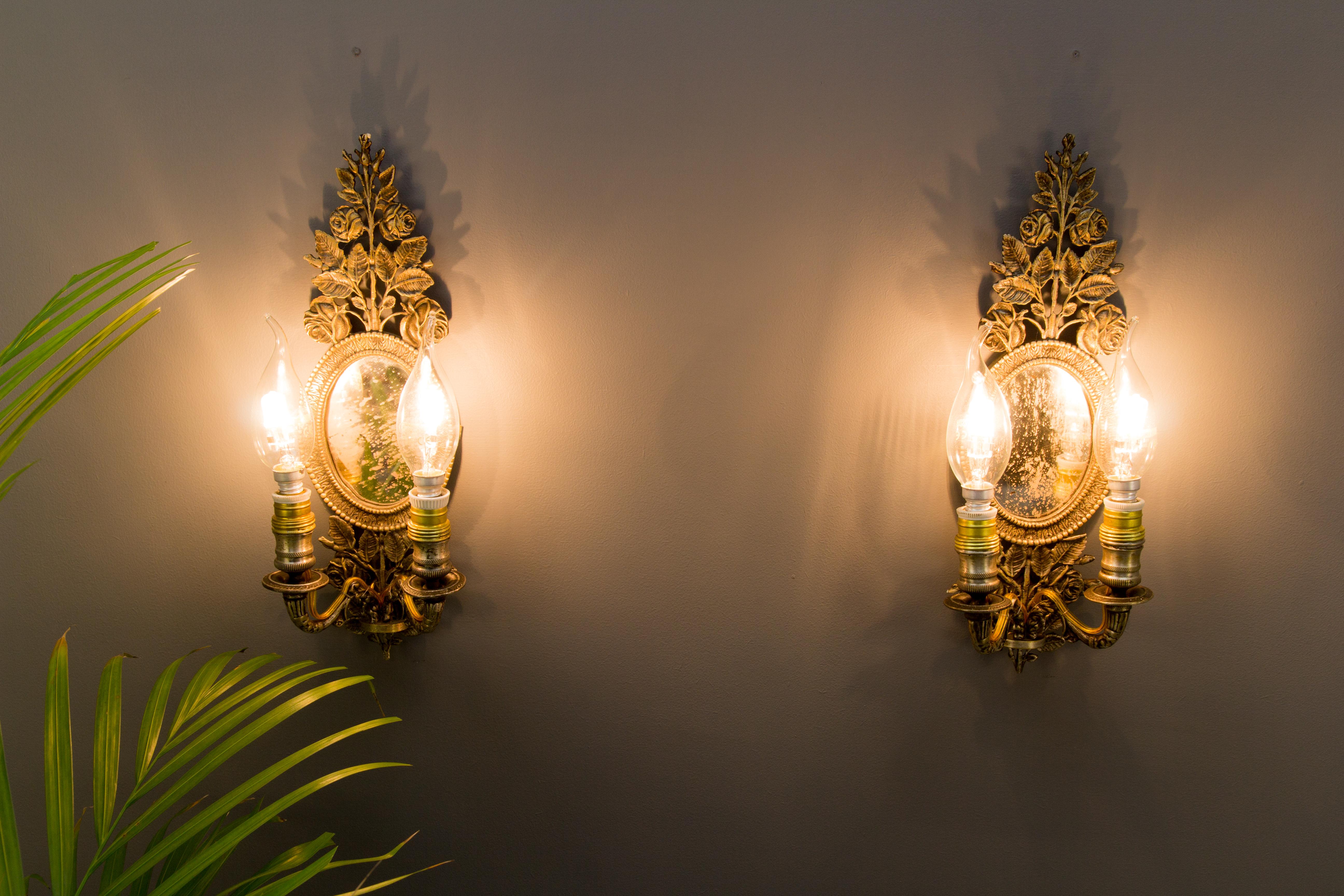 Louis XVI Pair of 19th Century Bronze Floral Mirrored Wall Sconces For Sale