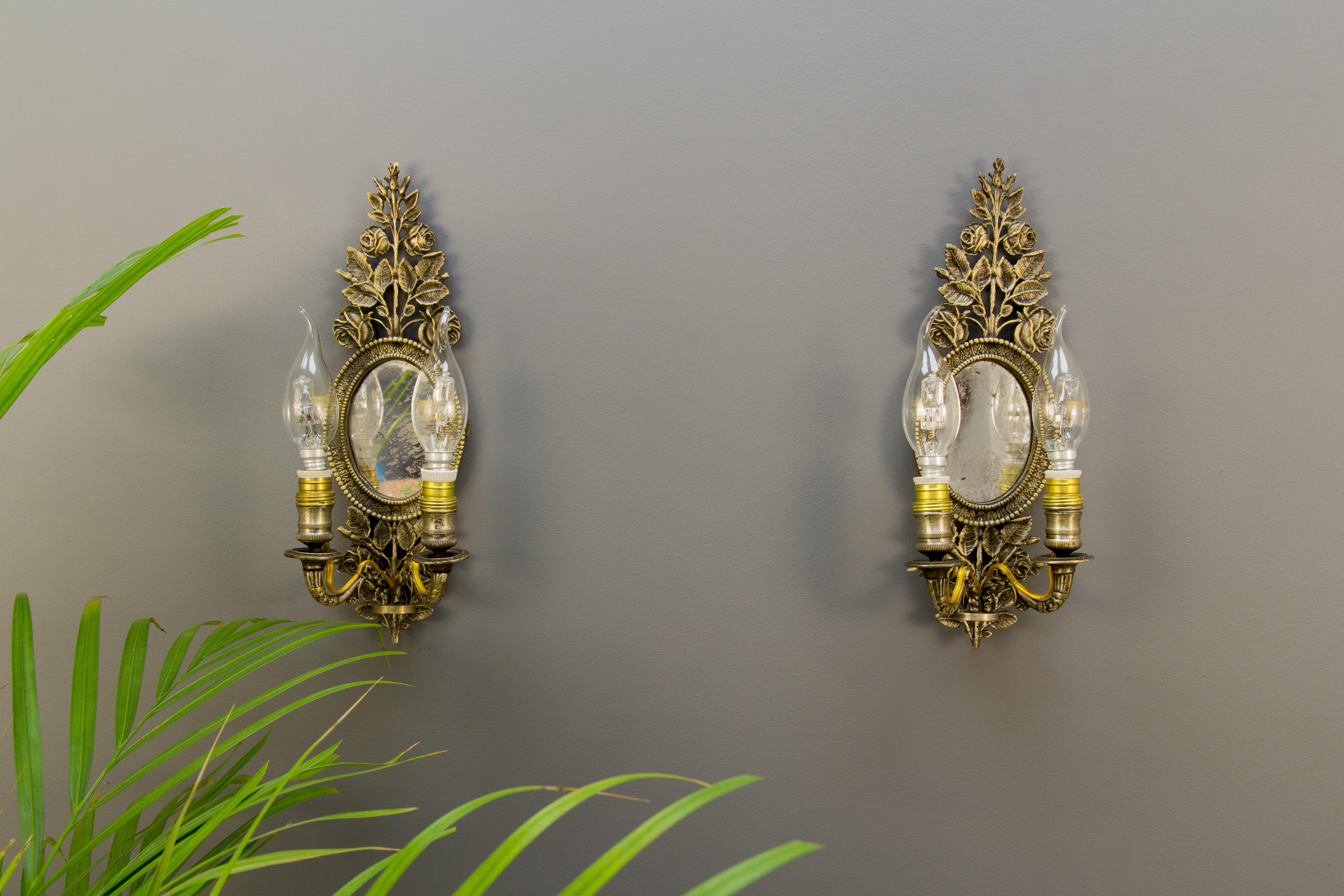 French Pair of 19th Century Bronze Floral Mirrored Wall Sconces For Sale