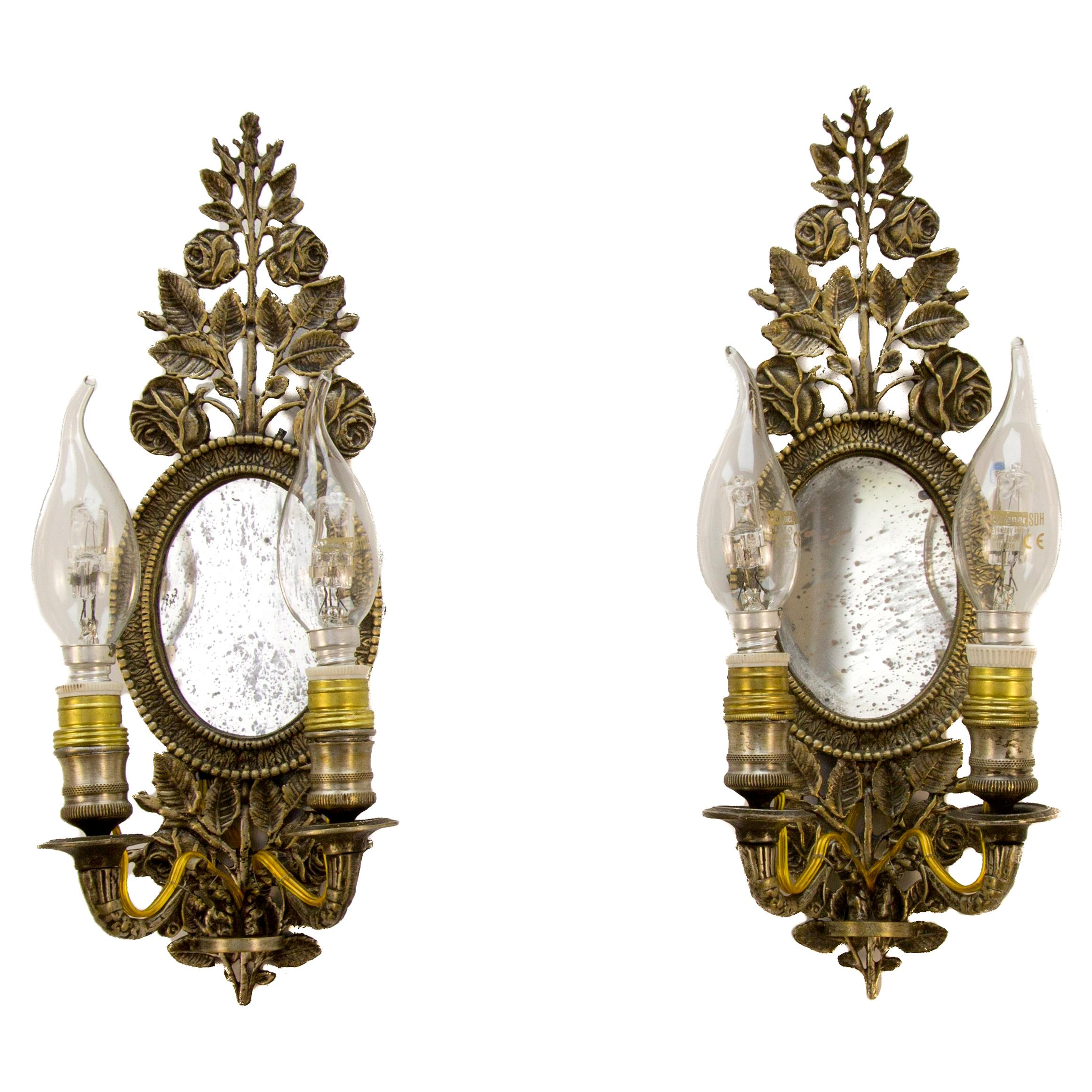 Pair of 19th Century Bronze Floral Mirrored Wall Sconces For Sale
