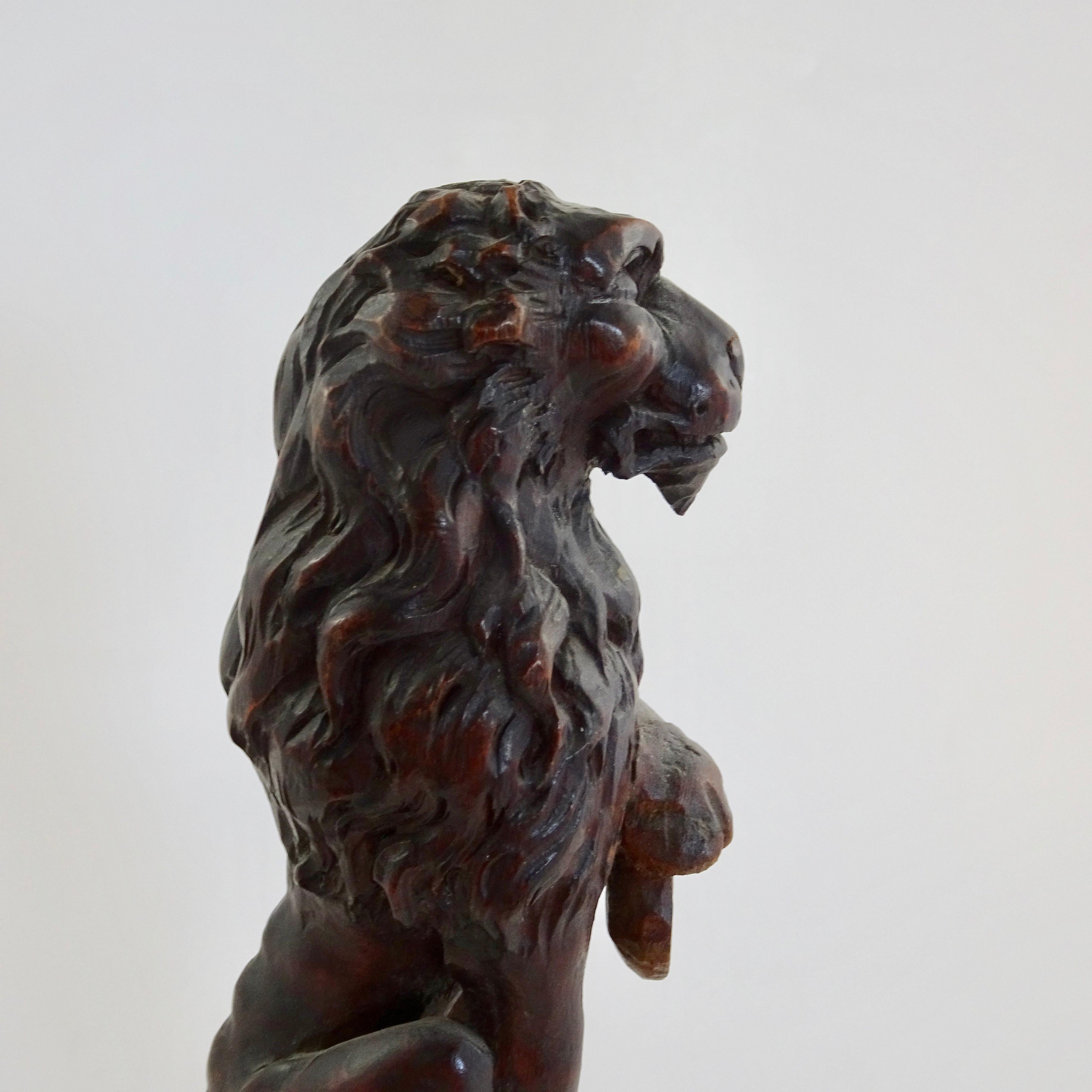 Pair of 19th Century Wood Carved Lion Statues on Faux Marble Bases For Sale 3