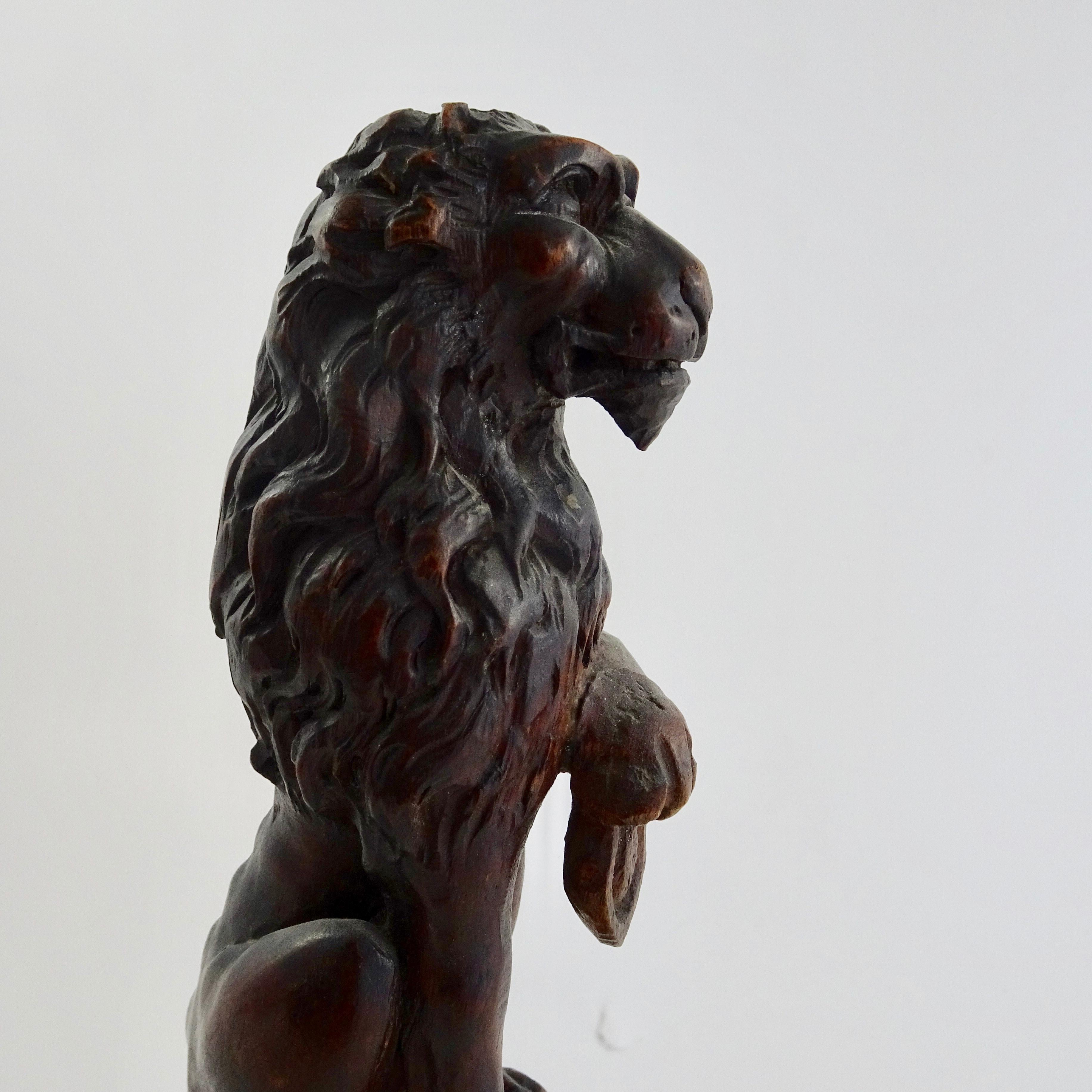 Pair of 19th Century Wood Carved Lion Statues on Faux Marble Bases For Sale 4