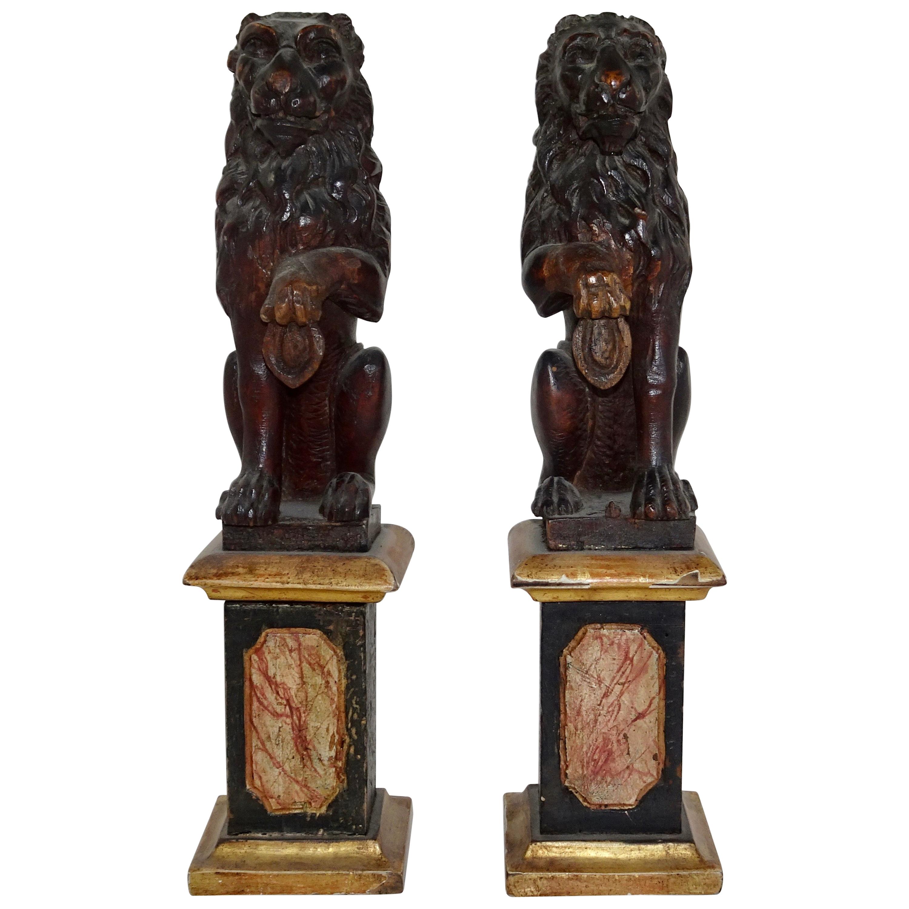 Pair of 19th Century Wood Carved Lion Statues on Faux Marble Bases For Sale