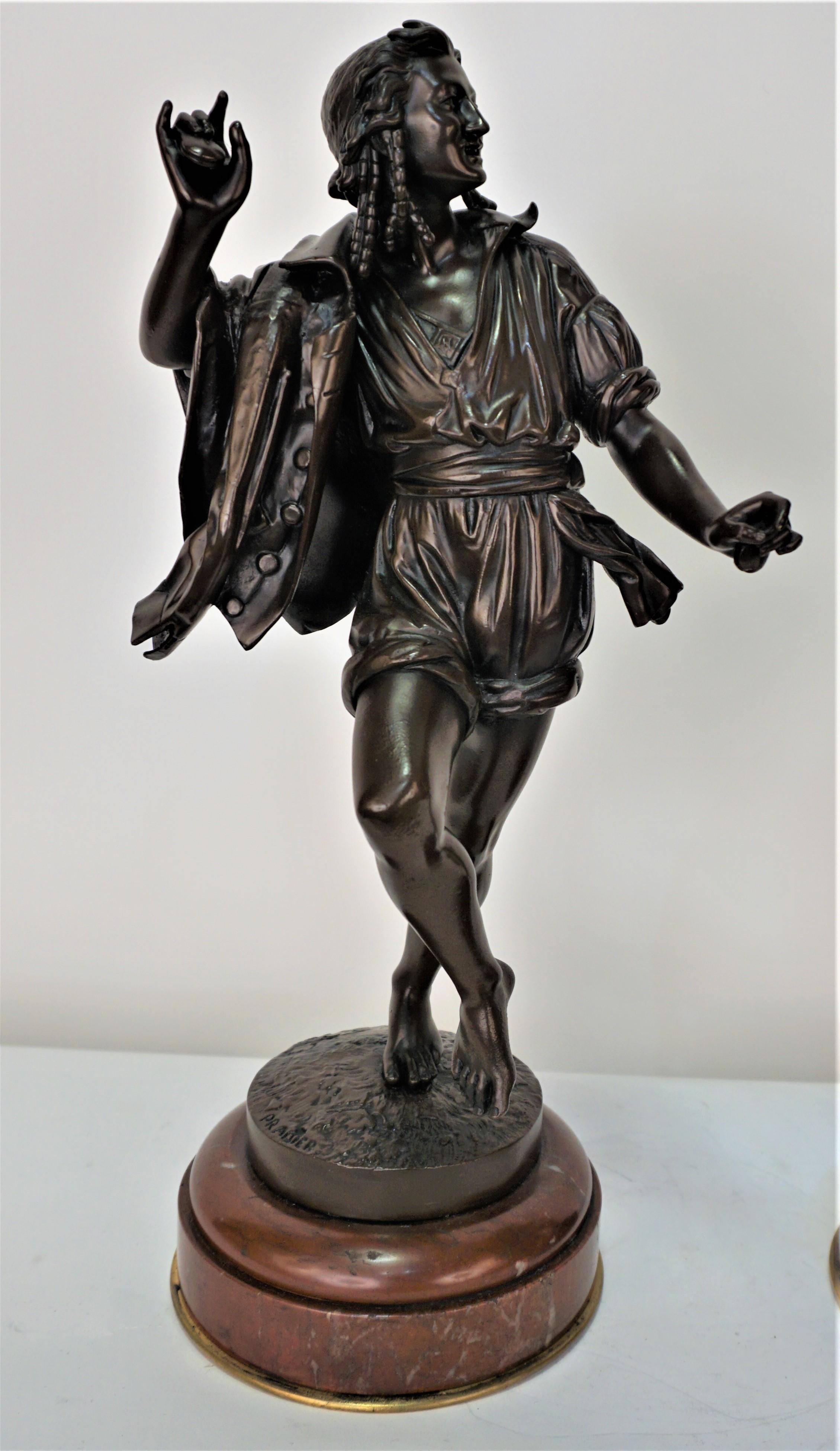 Pair of 19th century high quality cast bronze with great detail by Pradier
Cold paint finish on bronze standing on rouge marble