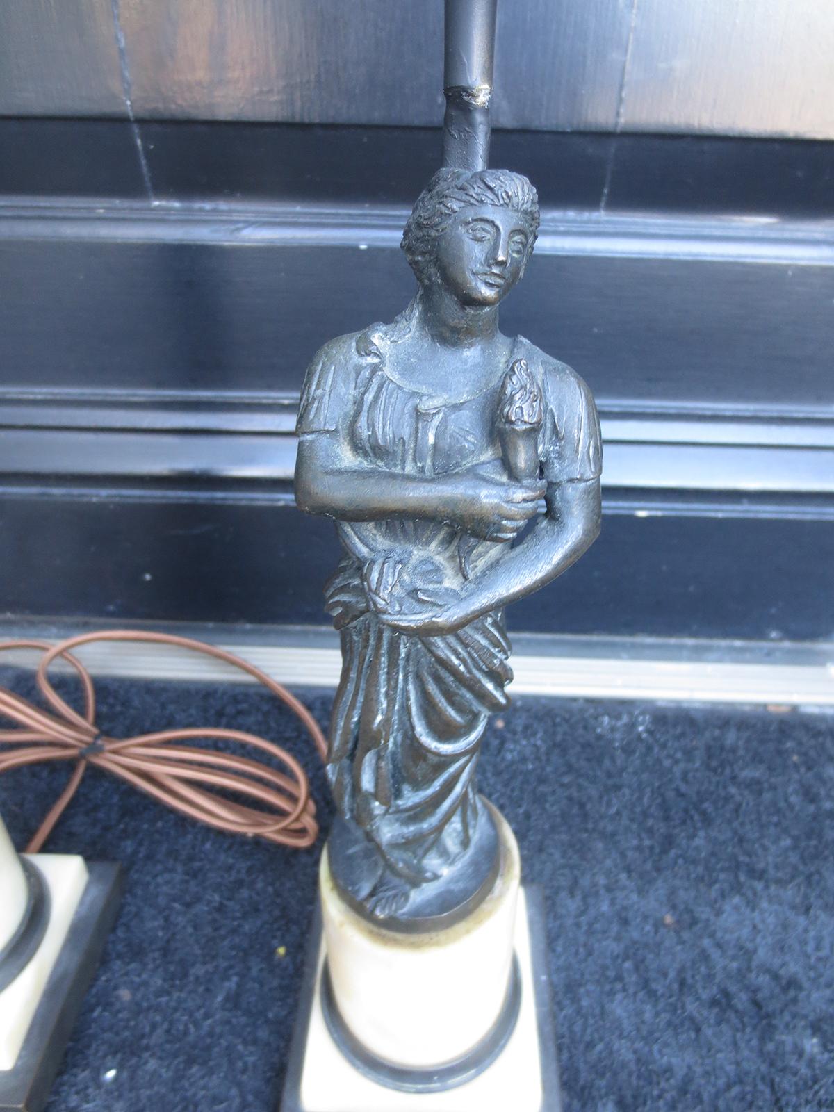 Pair of 19th Century Bronze and Marble Neoclassical Figures as Lamps In Good Condition In Atlanta, GA