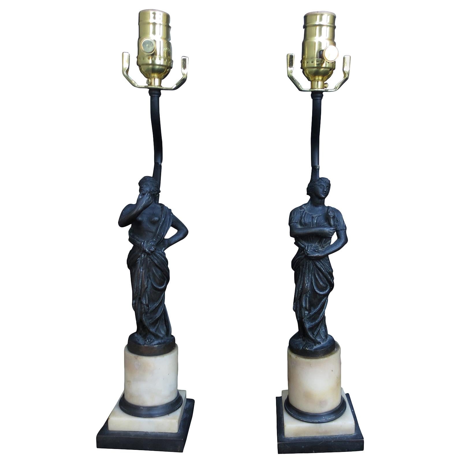 Pair of 19th Century Bronze and Marble Neoclassical Figures as Lamps
