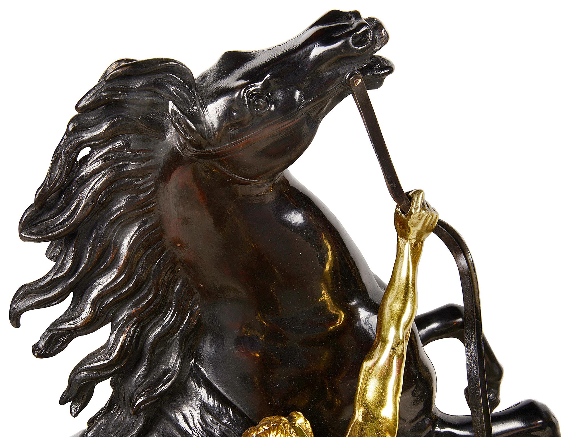 French Pair of 19th Century Bronze Marly Horses, After Coustou