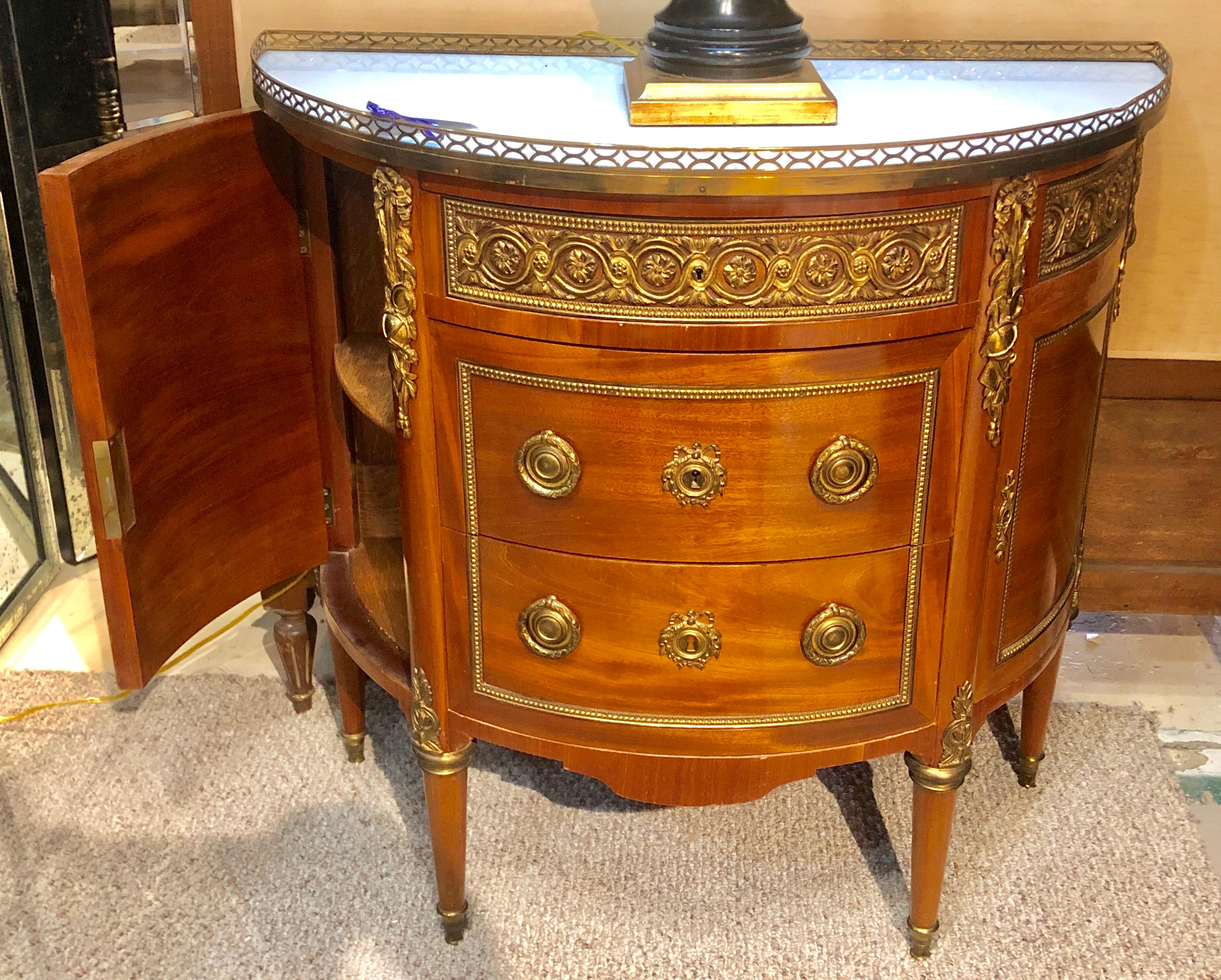 Pair of 19th Century Bronze Mounted French Demilune Commodes with Marble Tops 12