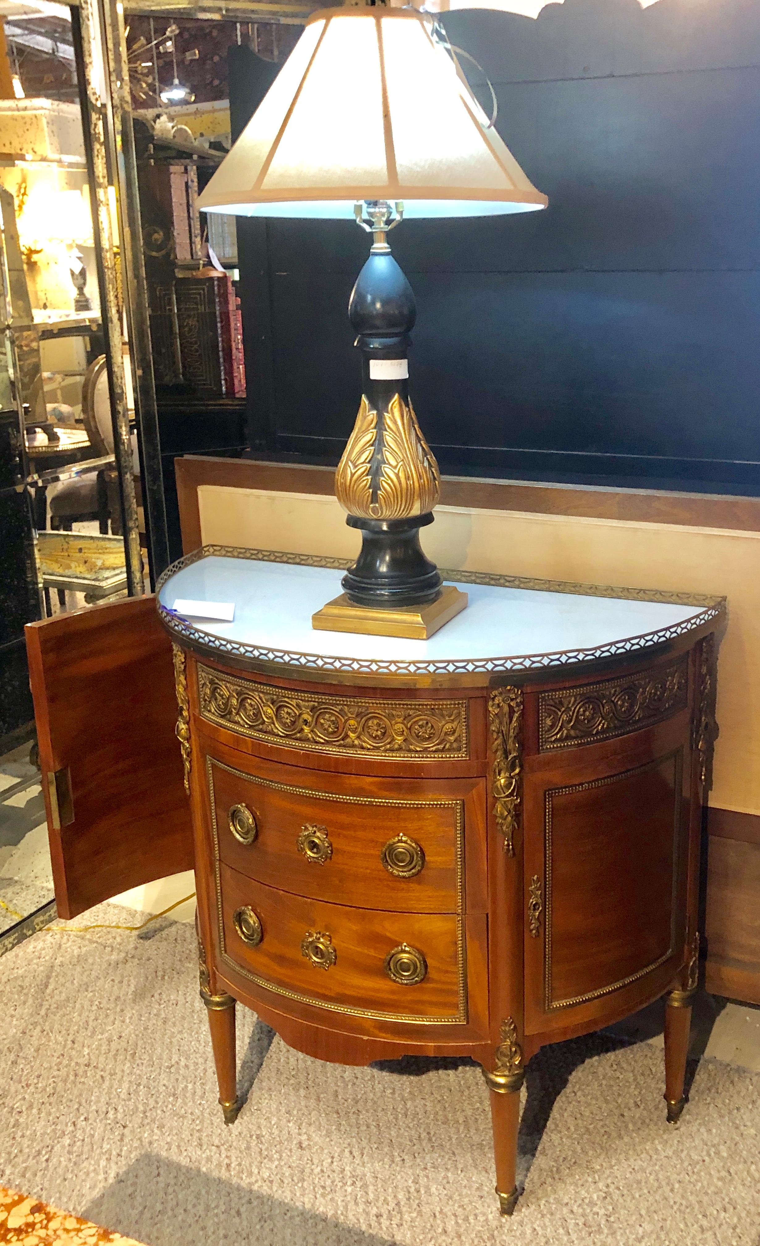 Pair of 19th Century Bronze Mounted French Demilune Commodes with Marble Tops 13