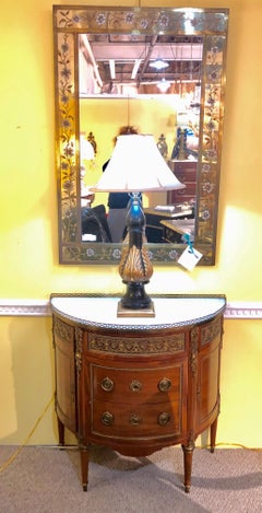 Pair of 19th Century Bronze Mounted French Demilune Commodes with Marble Tops