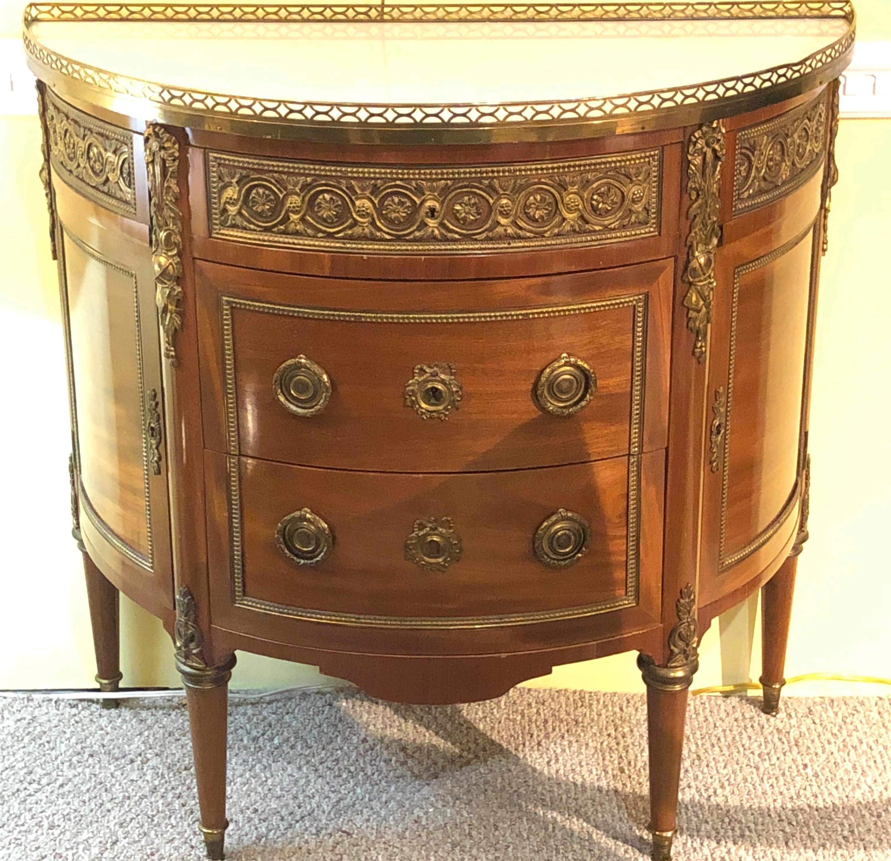 Early 20th Century Pair of 19th Century Bronze Mounted French Demilune Commodes with Marble Tops