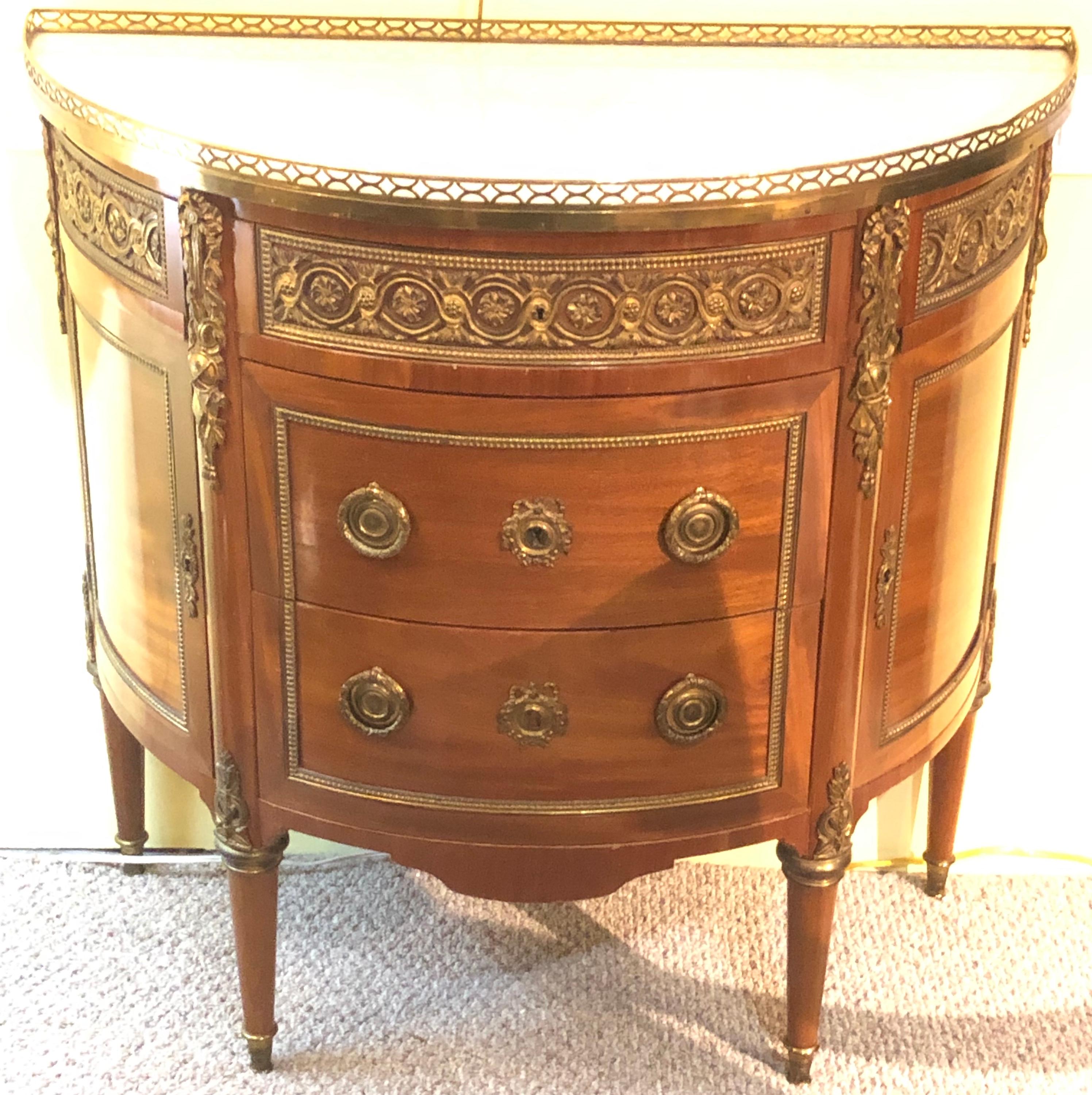 Pair of 19th Century Bronze Mounted French Demilune Commodes with Marble Tops 1