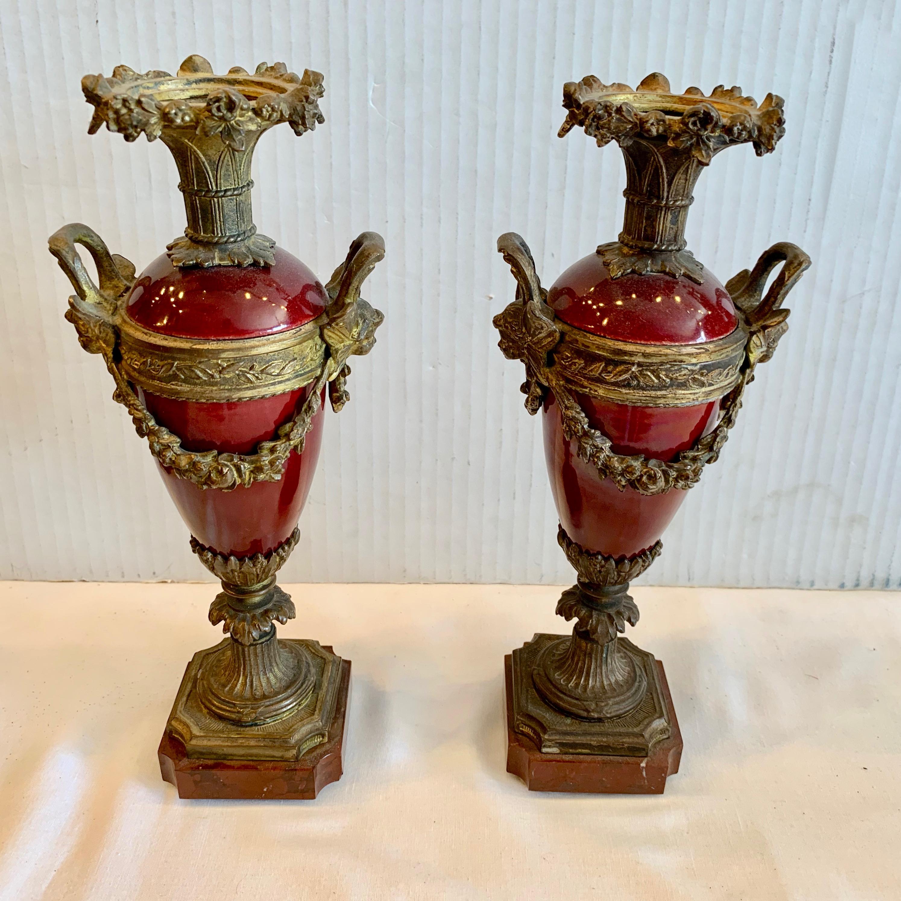 French Pair of 19TH Century Bronze Mounted Urns For Sale